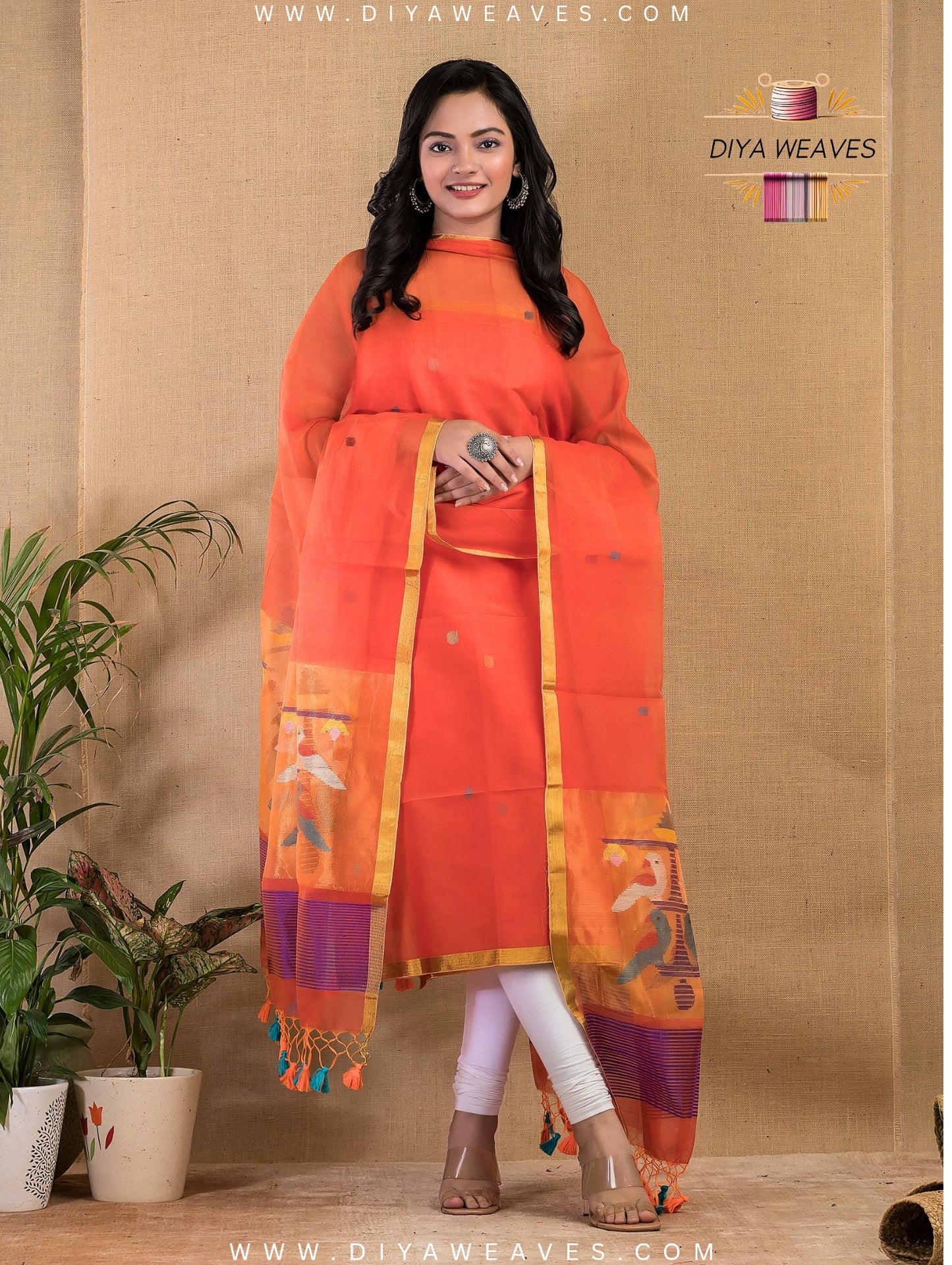 Paithani Jamdani Muslin Suit Set (UNSTITCHED ) - Orange