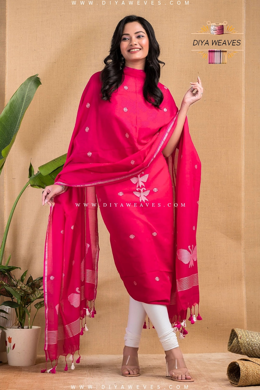 Handwoven Cotton Jamdani 2-Pc Suit Set ( UNSTITCHED )- Red Rani