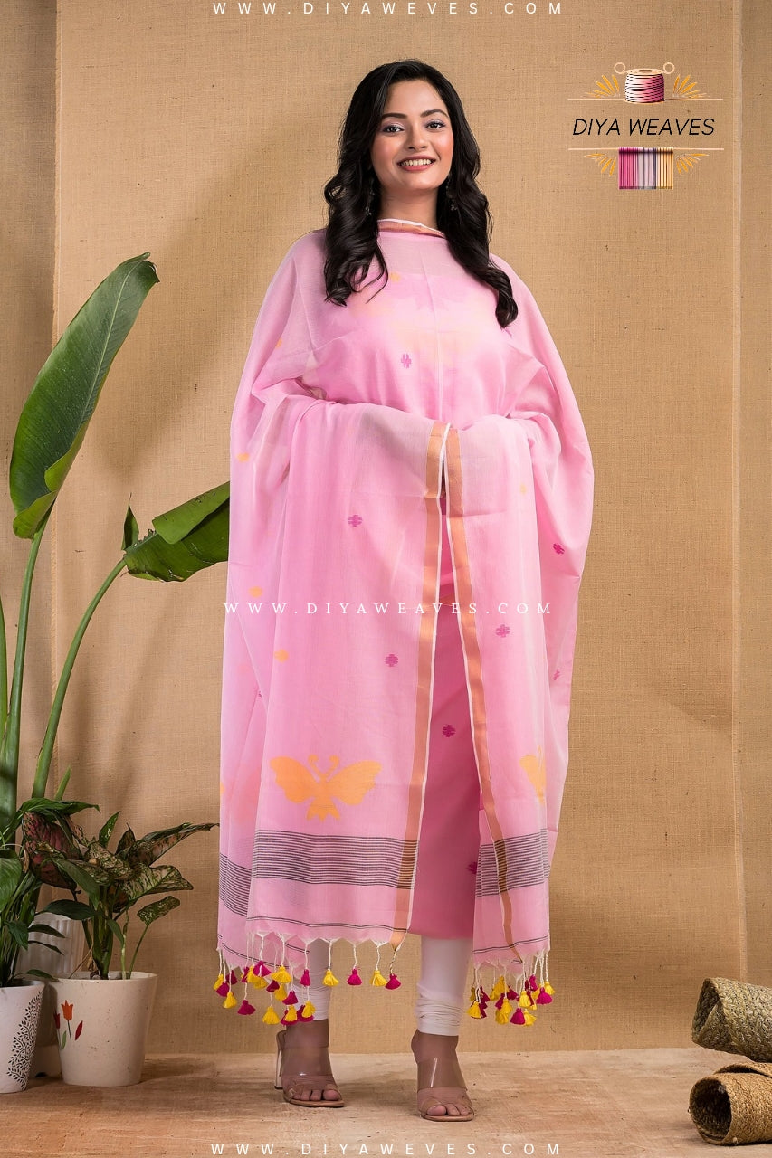Handwoven Cotton Jamdani 2-Pc Suit Set ( UNSTITCHED )- Elegant Baby Pink