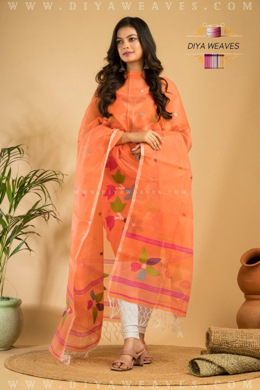 Handwoven Muslin Jamdani Suit Set Unstitched (2-Piece) - Cool Orange