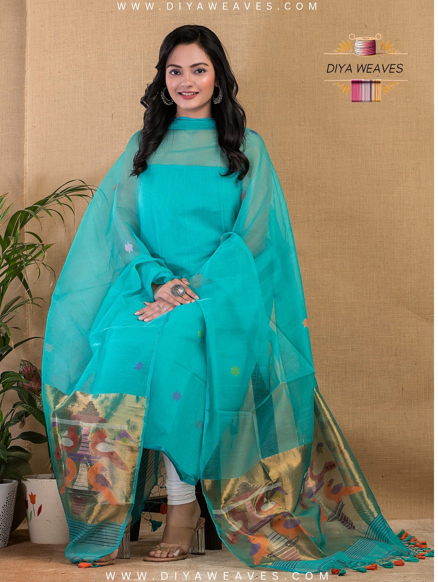 Paithani Jamdani Muslin Suit Set (UNSTITCHED ) - Turquoise Blue