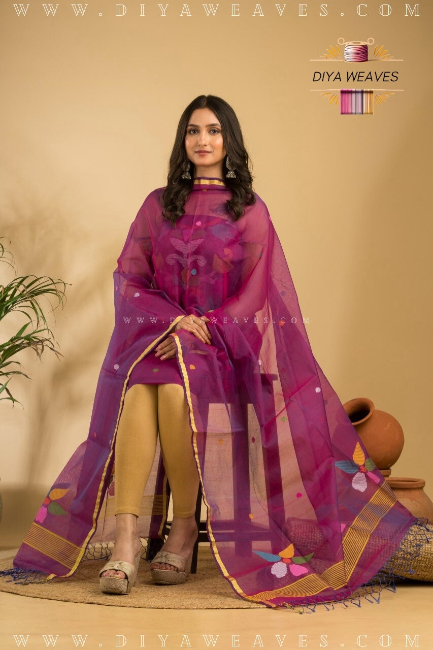 Handwoven Muslin Jamdani Suit Set Unstitched (2-Piece) - Mejenda Purple