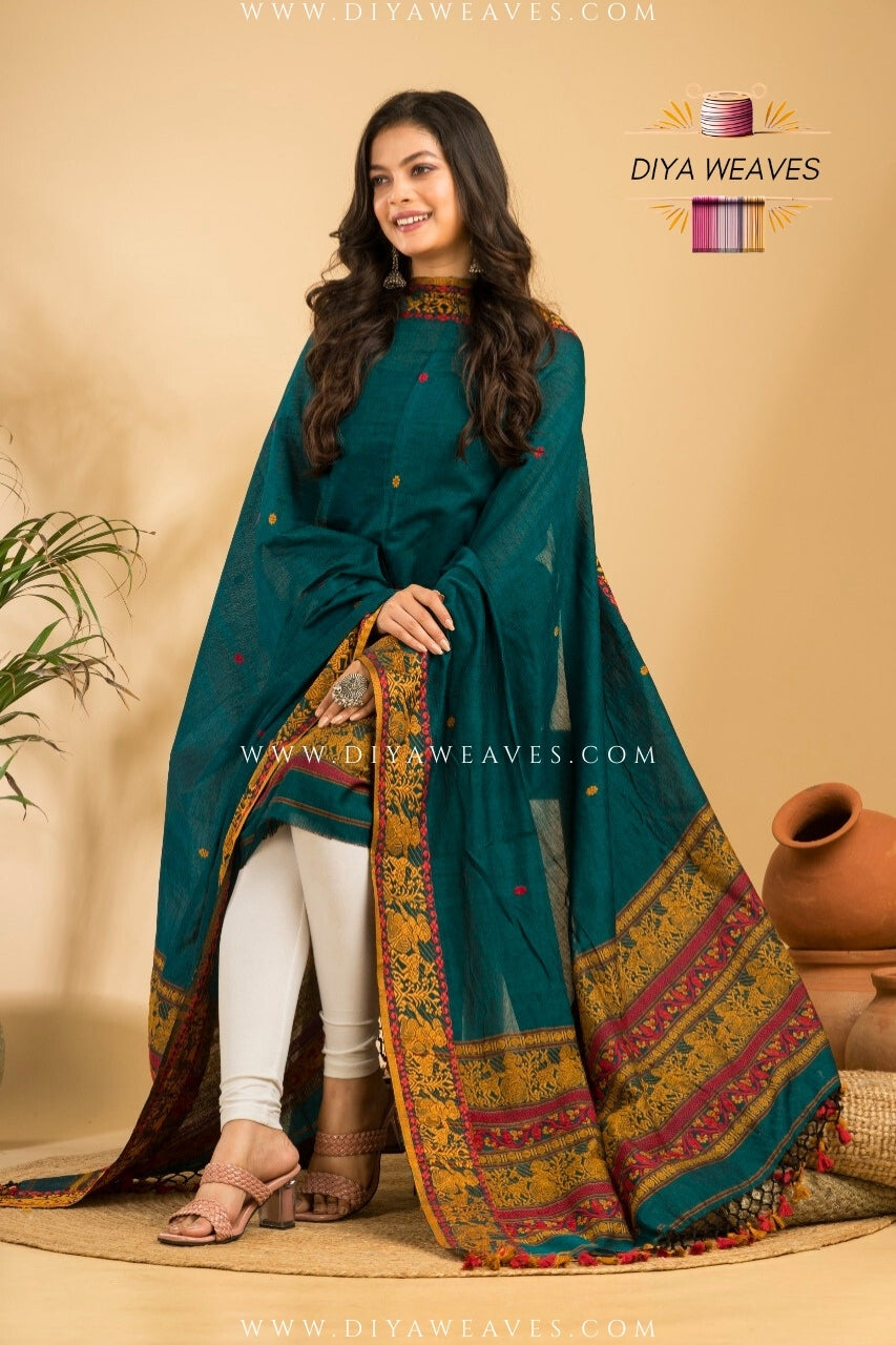 Handwoven Cotton Baluchuri Jamdani 2-Pc Suit Set ( UNSTITCHED )- Teal Green