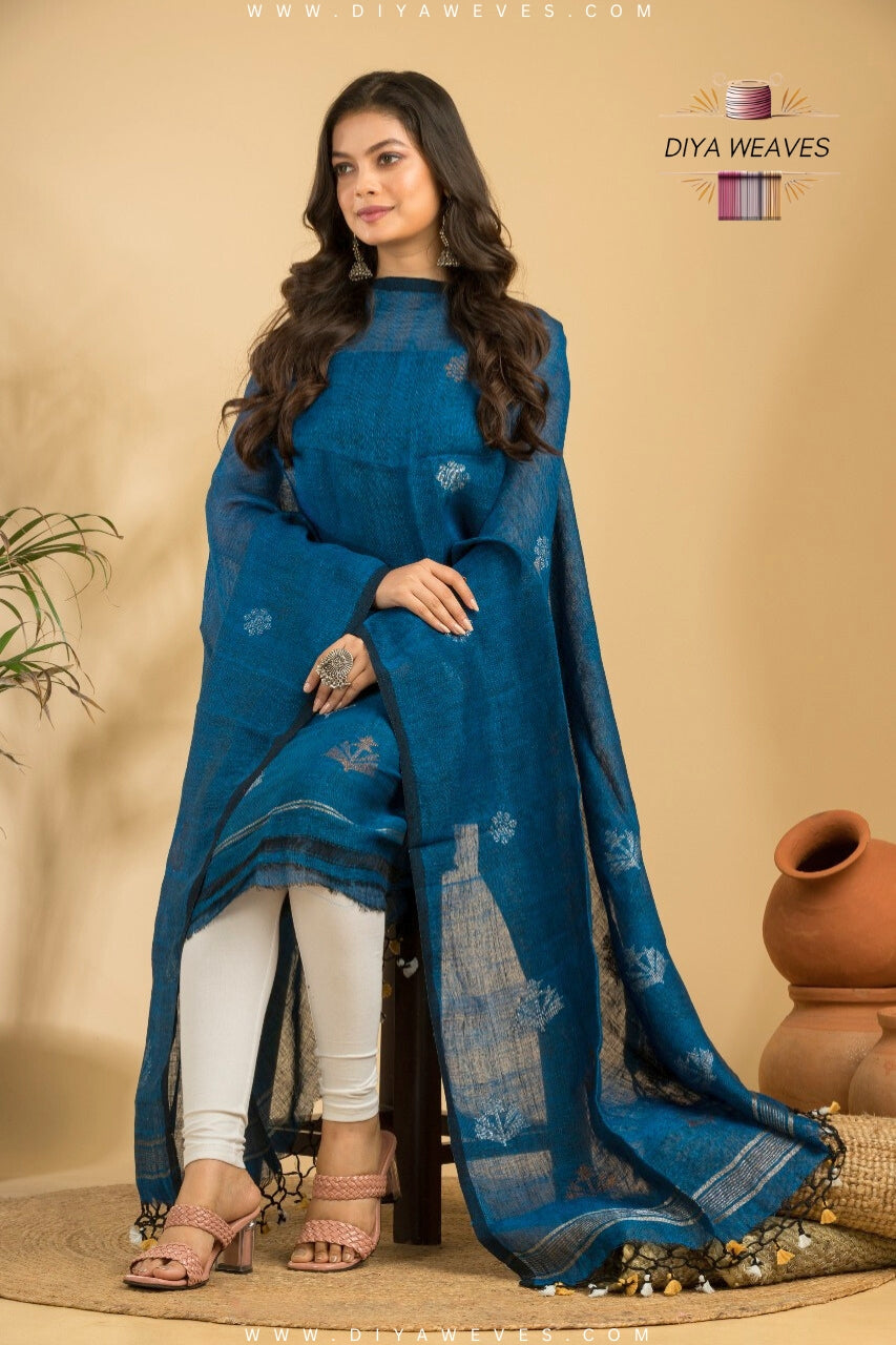 Hand Woven Linen Jamdani Suit 2-PC Set ( UNSTITCHED ) - Aqua Blue