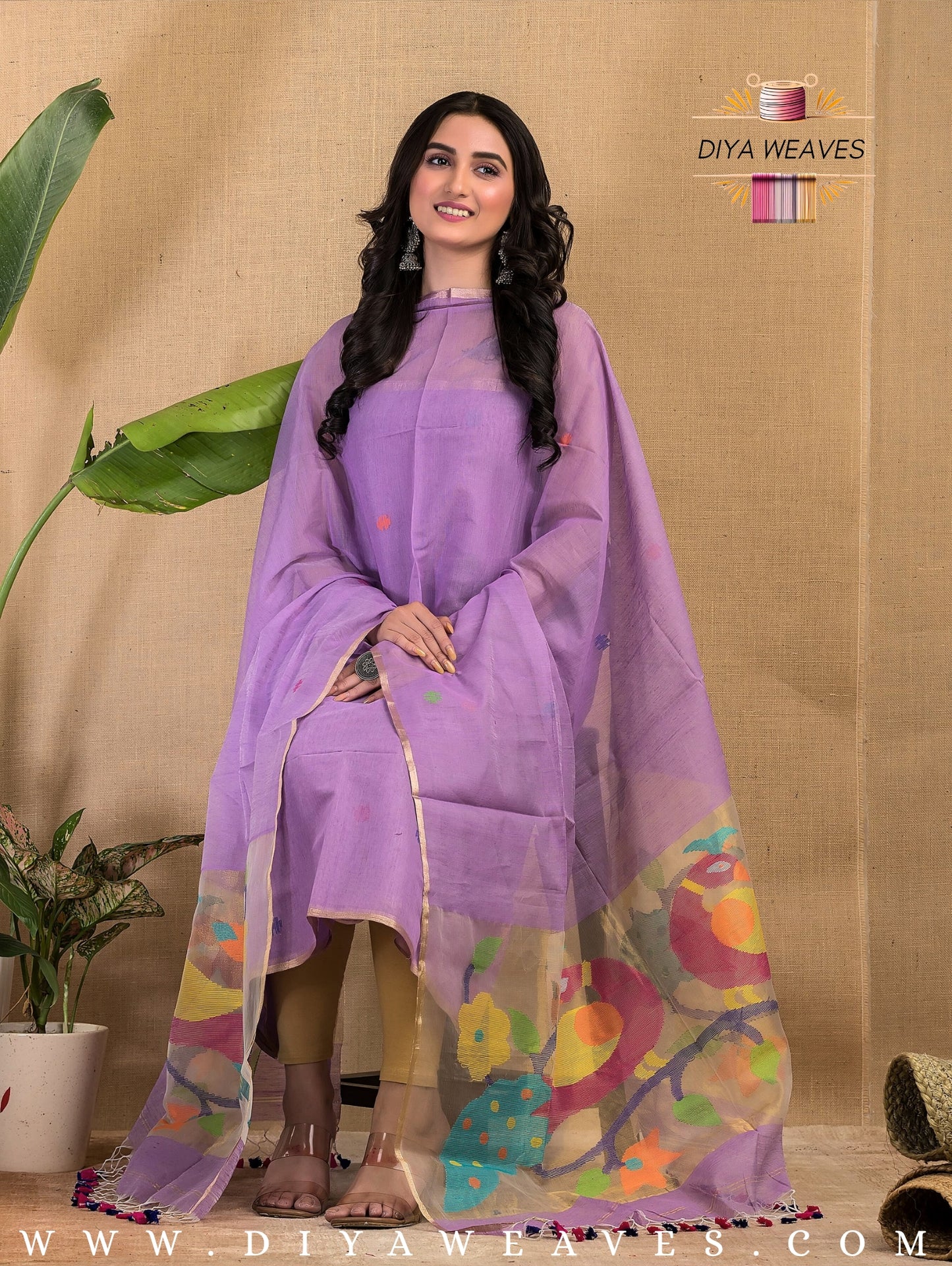 Paithani Jamdani Muslin Suit Set (UNSTITCHED ) - Levender