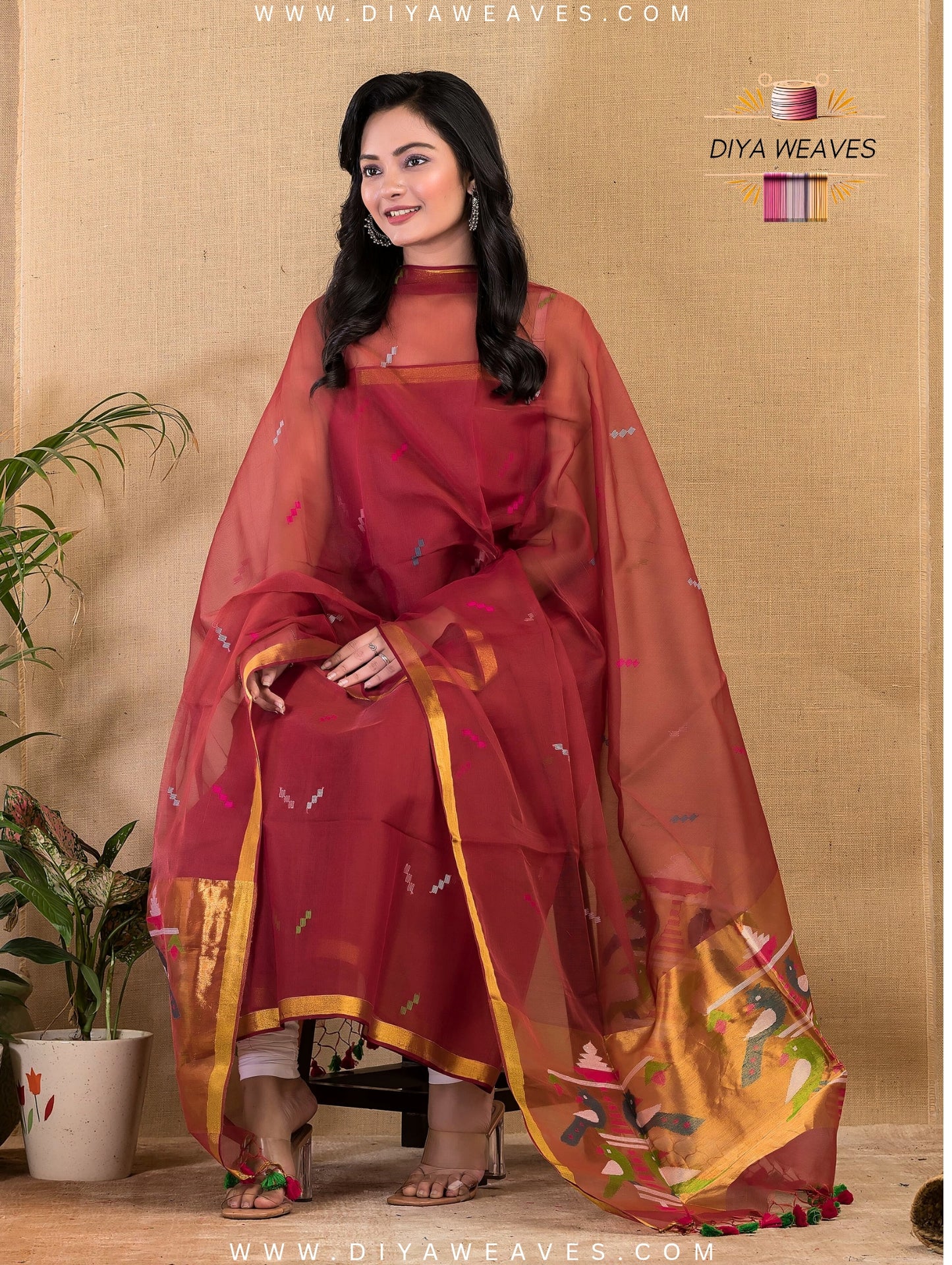 Paithani Jamdani Muslin Suit Set (UNSTITCHED ) - Elegant Marun
