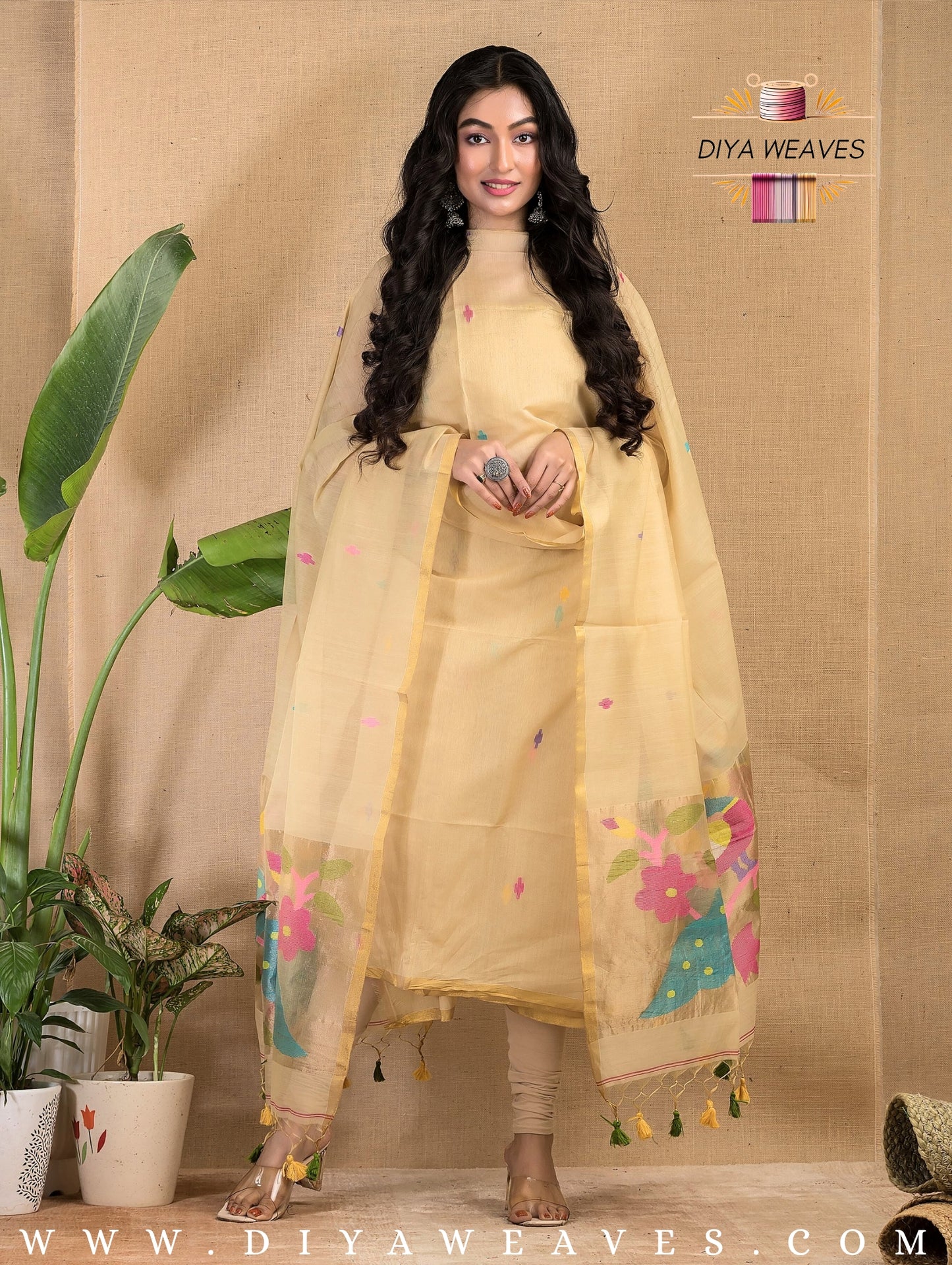 Paithani Jamdani Muslin Suit Set (UNSTITCHED ) - Beige Yellow