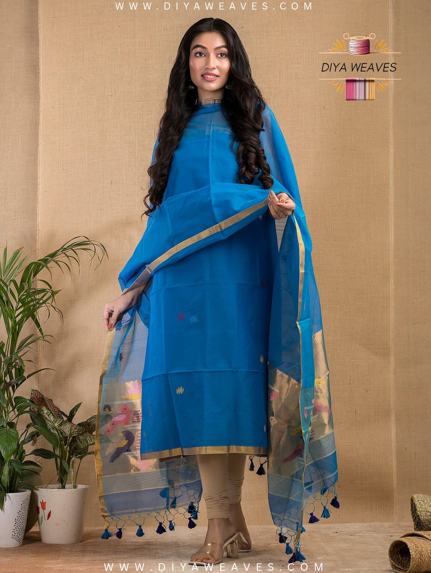 Paithani Jamdani Muslin Suit Set (UNSTITCHED ) - Stylish Aqua Blue
