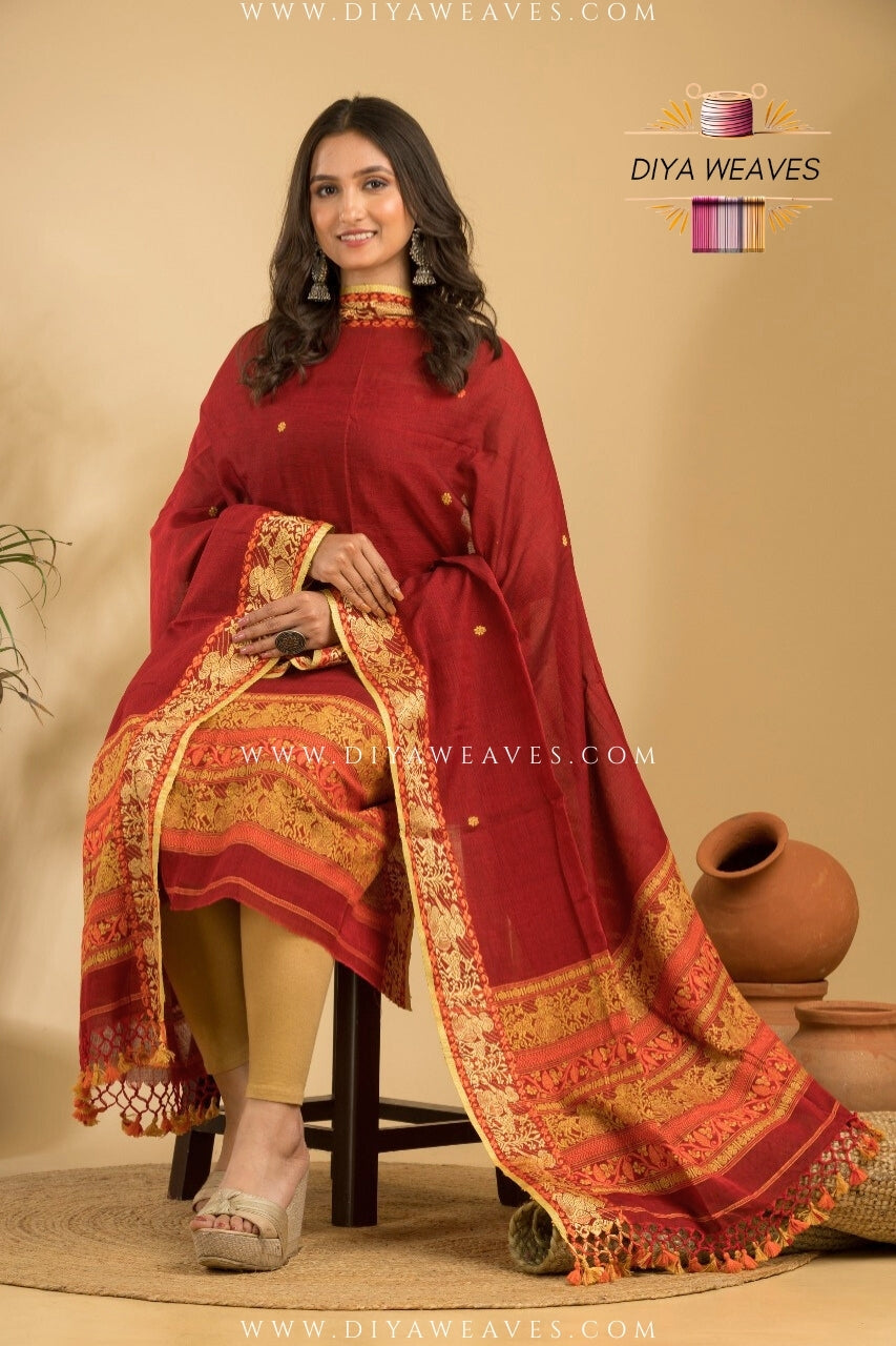 Handwoven Cotton Baluchuri Jamdani 2-Pc Suit Set ( UNSTITCHED )- Elegant Marun