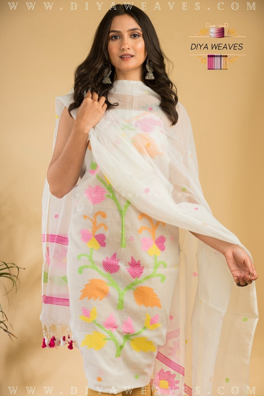 Handwoven Muslin Jamdani Suit Set Unstitched (2-Piece) - Milly White