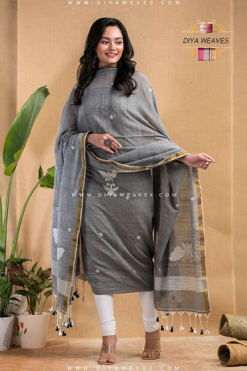 Handwoven Cotton Jamdani 2-Pc Suit Set ( UNSTITCHED )- Stylish Still Gray