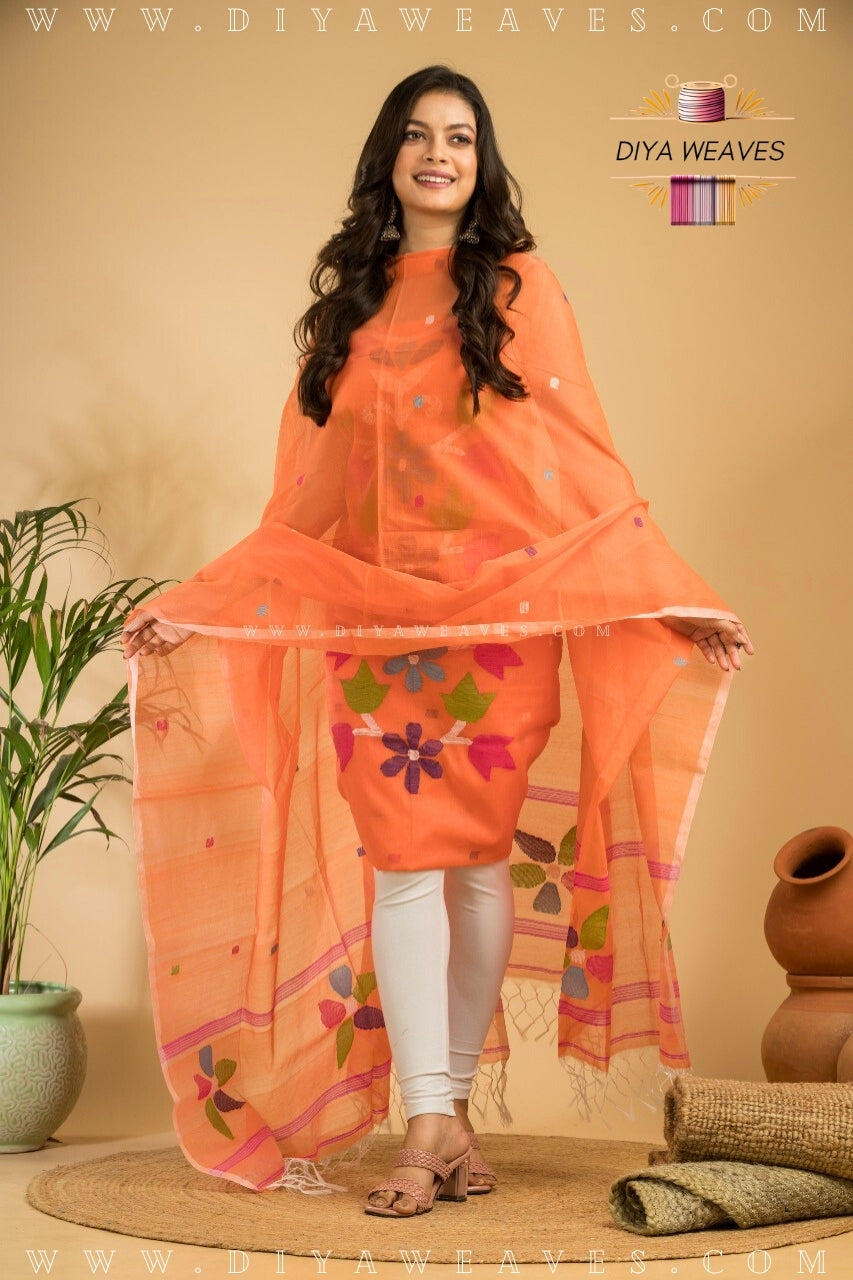 Handwoven Muslin Jamdani Suit Set Unstitched (2-Piece) - Cool Orange