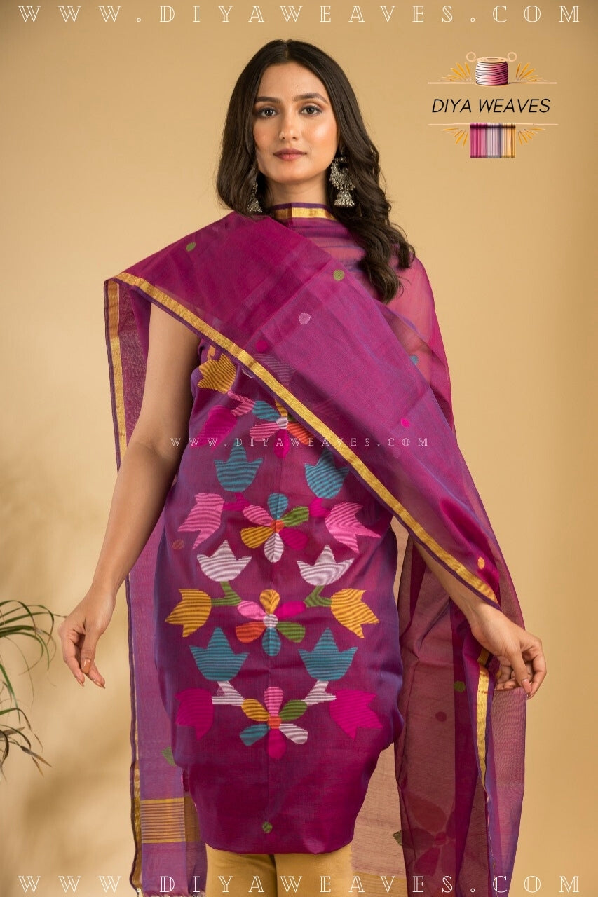 Handwoven Muslin Jamdani Suit Set Unstitched (2-Piece) - Mejenda Purple
