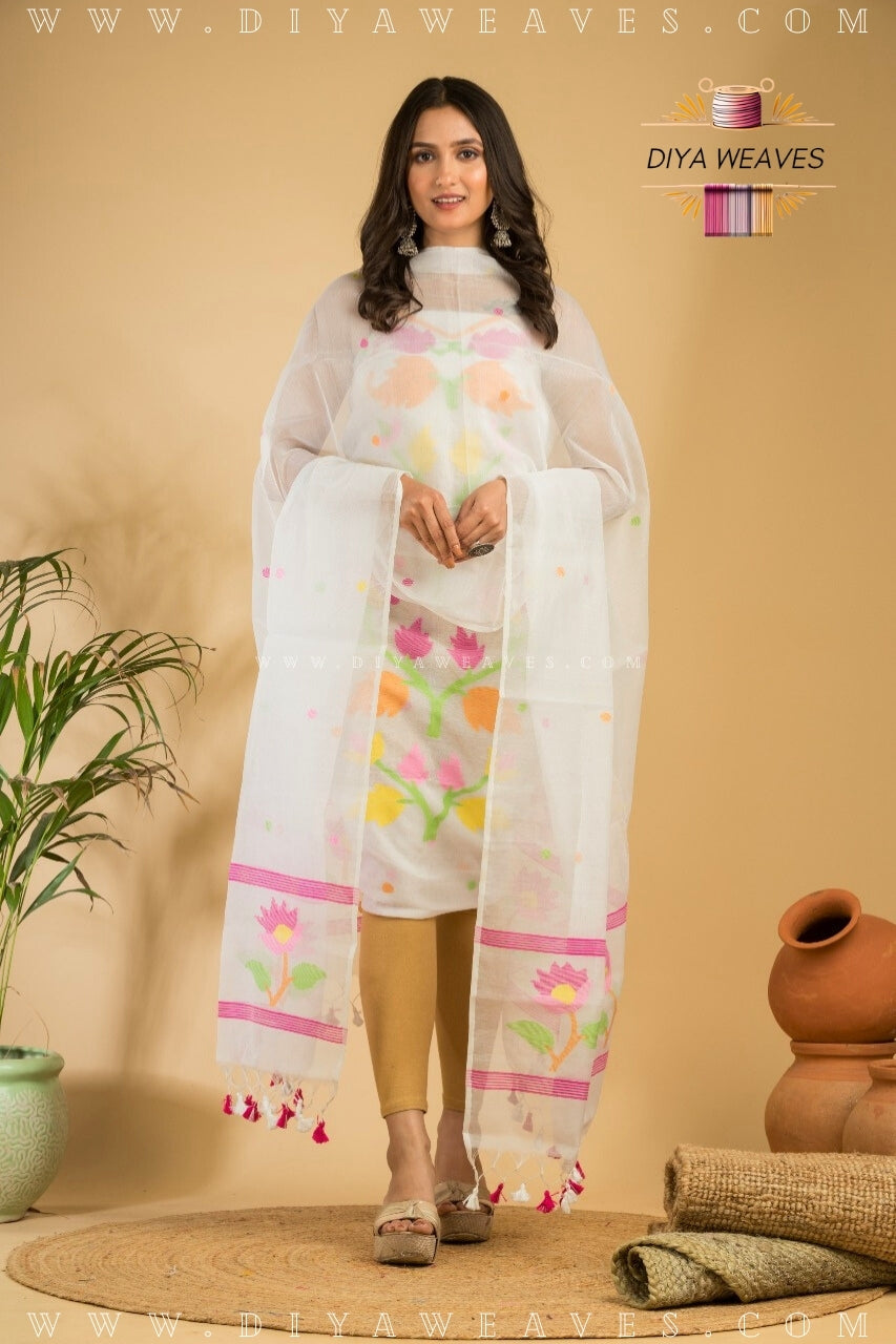 Handwoven Muslin Jamdani Suit Set Unstitched (2-Piece) - Milly White