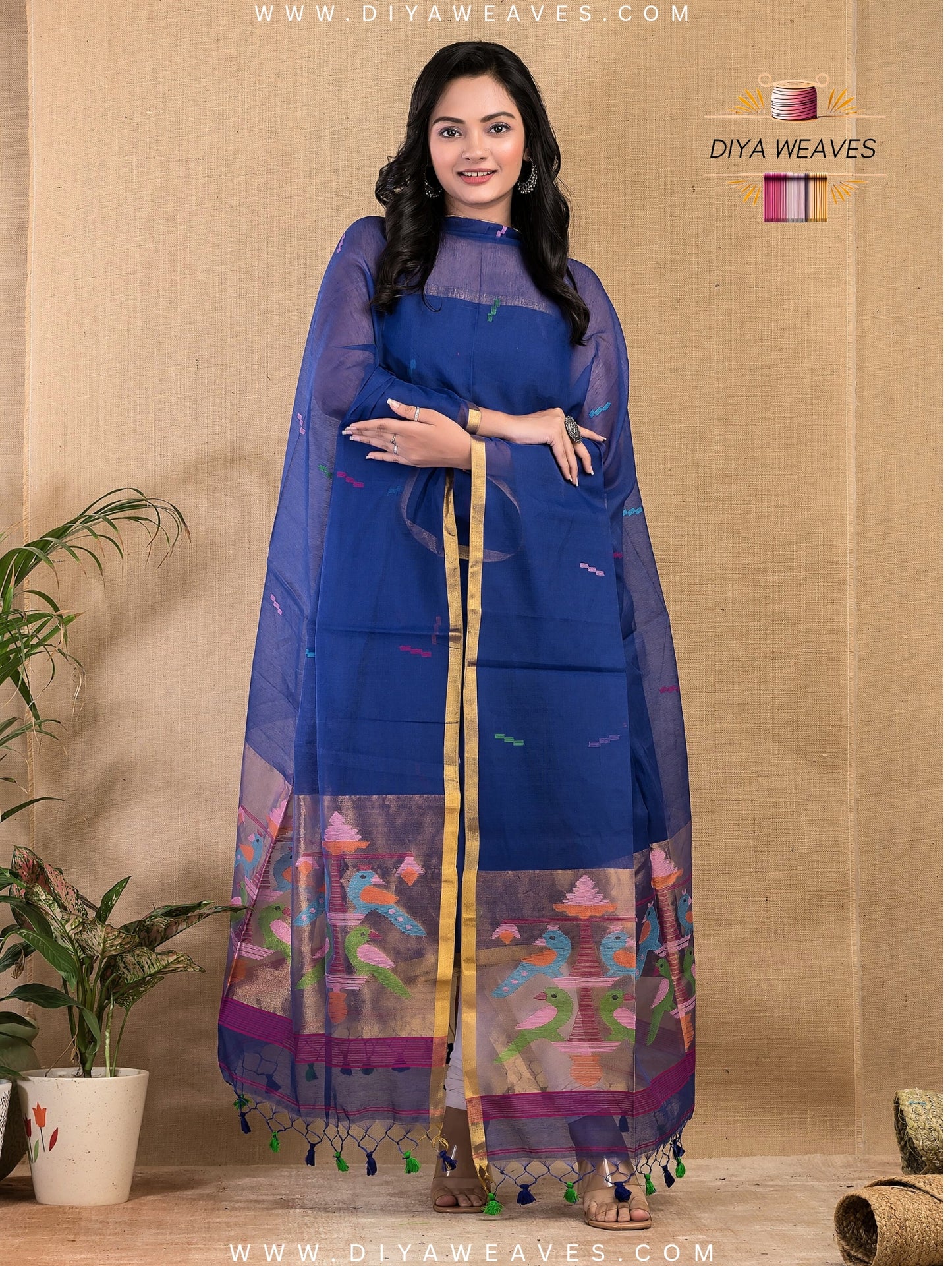 Paithani Jamdani Muslin Suit Set (UNSTITCHED ) - Royal Blue
