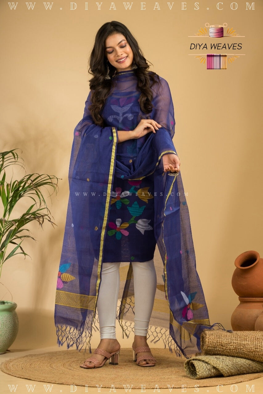 Handwoven Muslin Jamdani Suit Set Unstitched (2-Piece) - Elegant Royal Blue