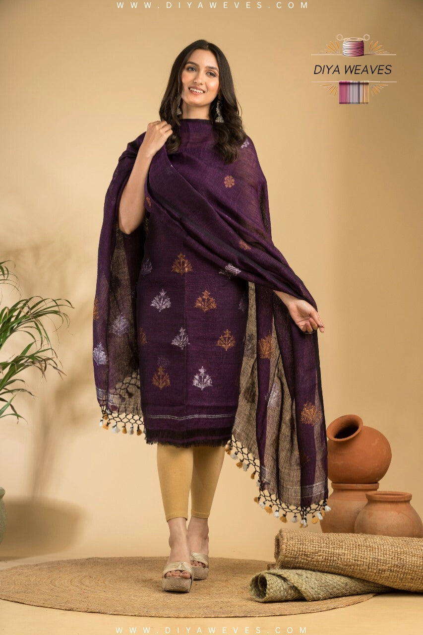 Hand Woven Linen Jamdani Suit 2-PC Set ( UNSTITCHED ) - Elegant Purple