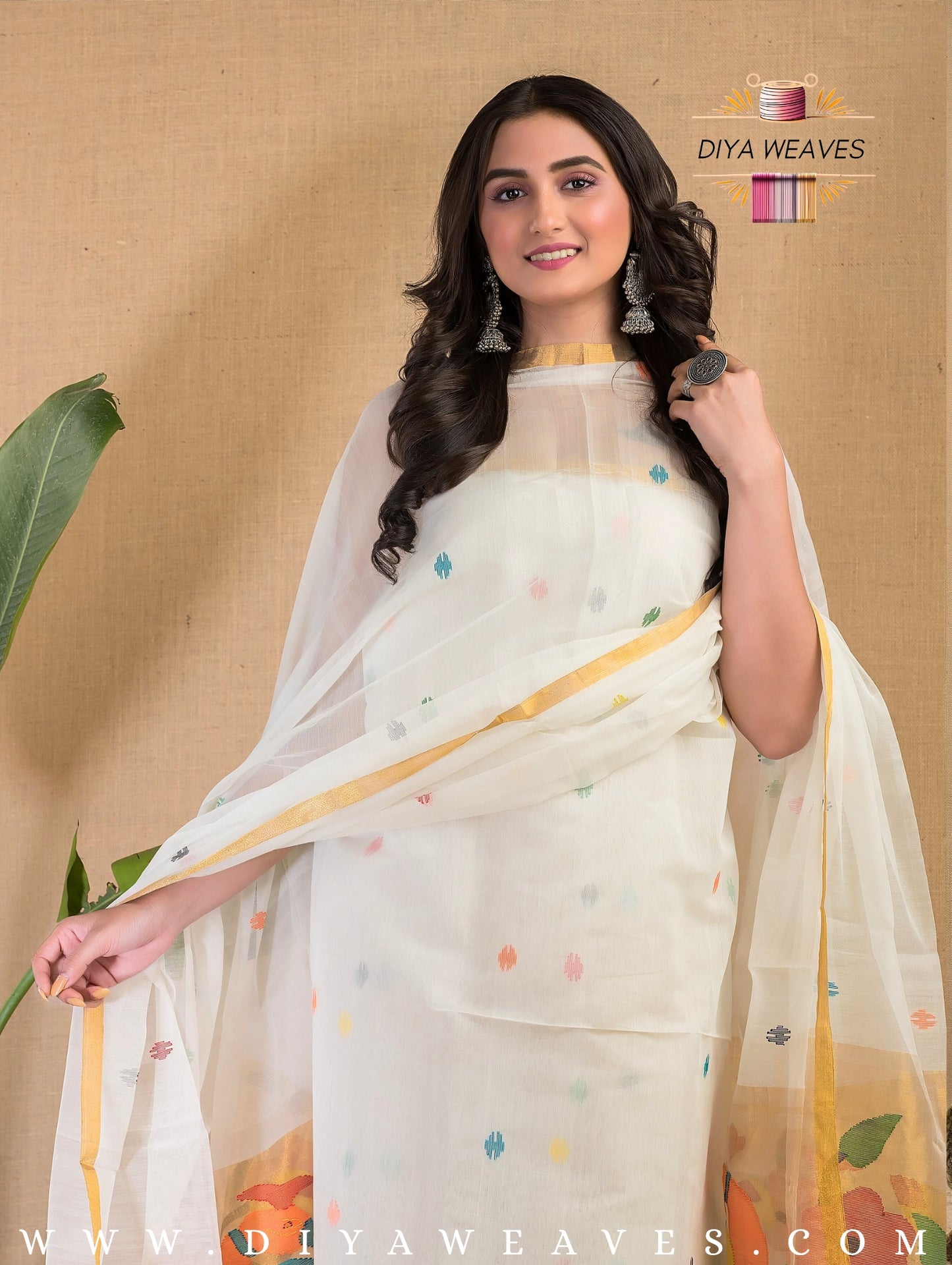 Paithani Jamdani Muslin Suit Set (UNSTITCHED ) - White