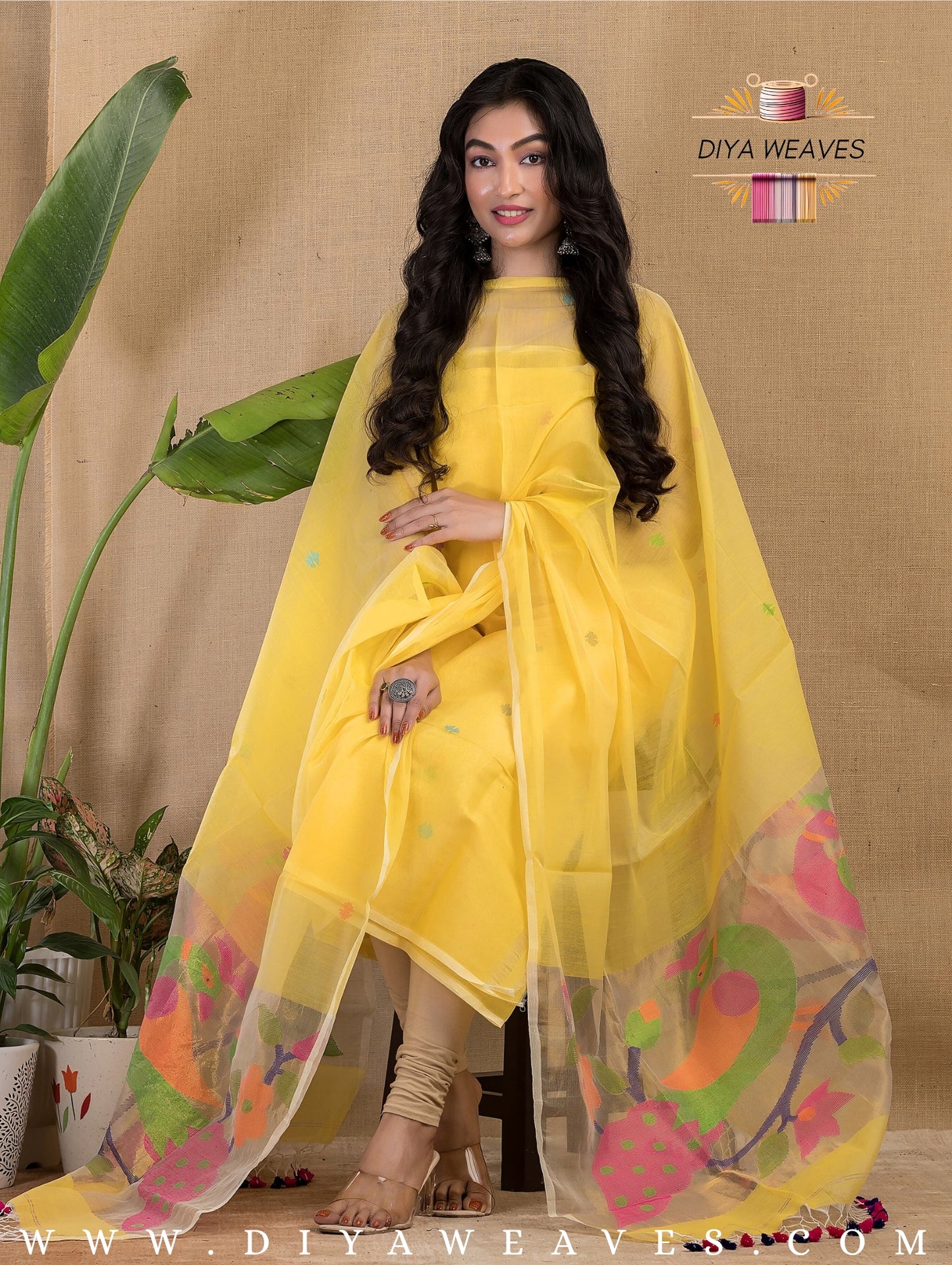 Paithani Jamdani Muslin Suit Set (UNSTITCHED ) - Haldiya