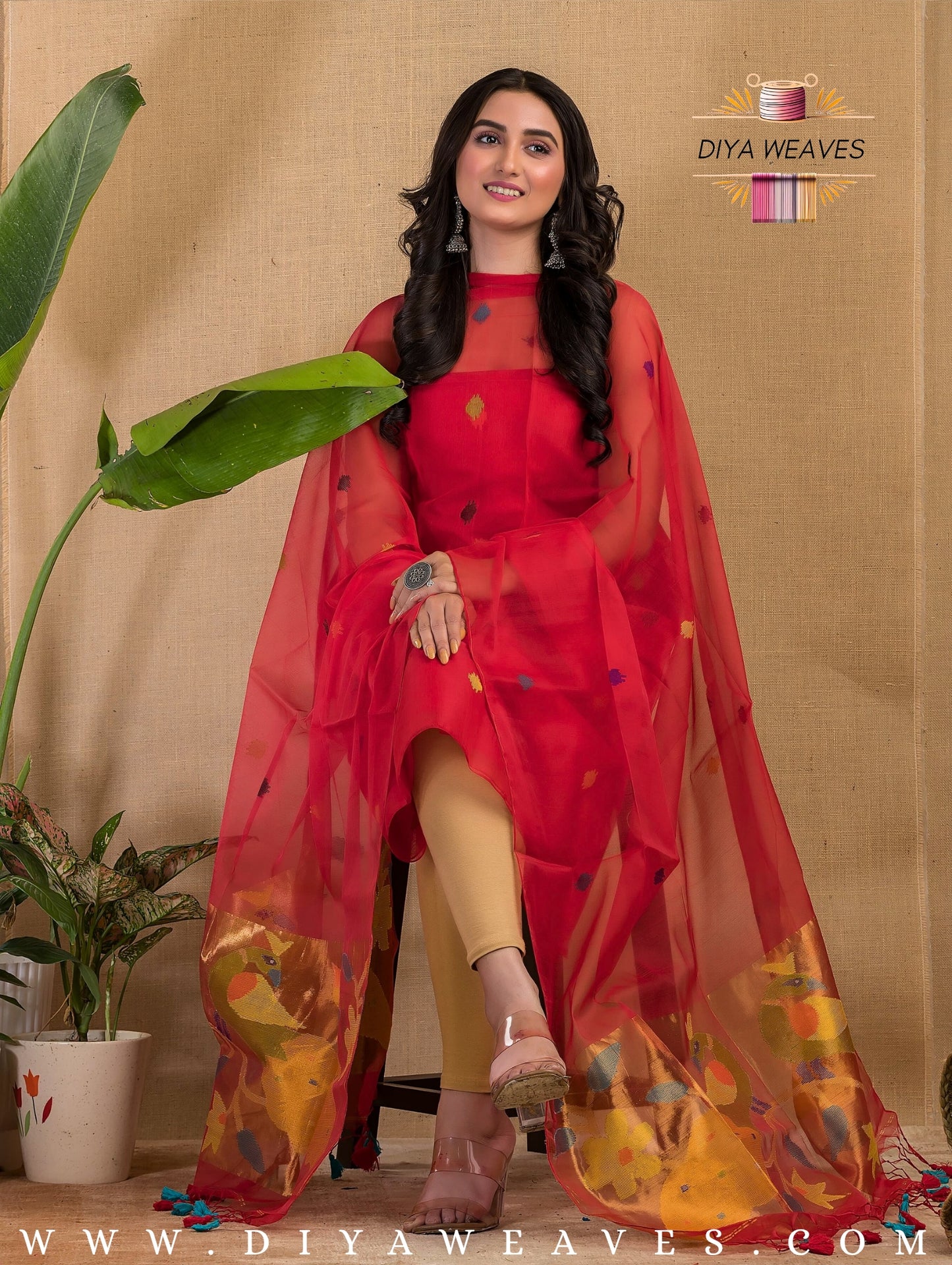 Paithani Jamdani Muslin Suit Set (UNSTITCHED ) - Brite Red