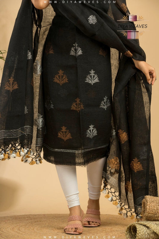 Hand Woven Linen Jamdani Suit 2-PC Set ( UNSTITCHED ) - Gratful Black