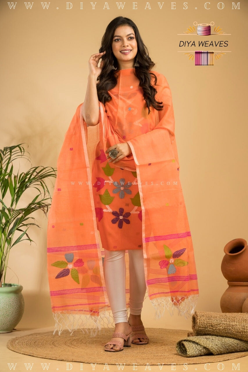 Handwoven Muslin Jamdani Suit Set Unstitched (2-Piece) - Cool Orange
