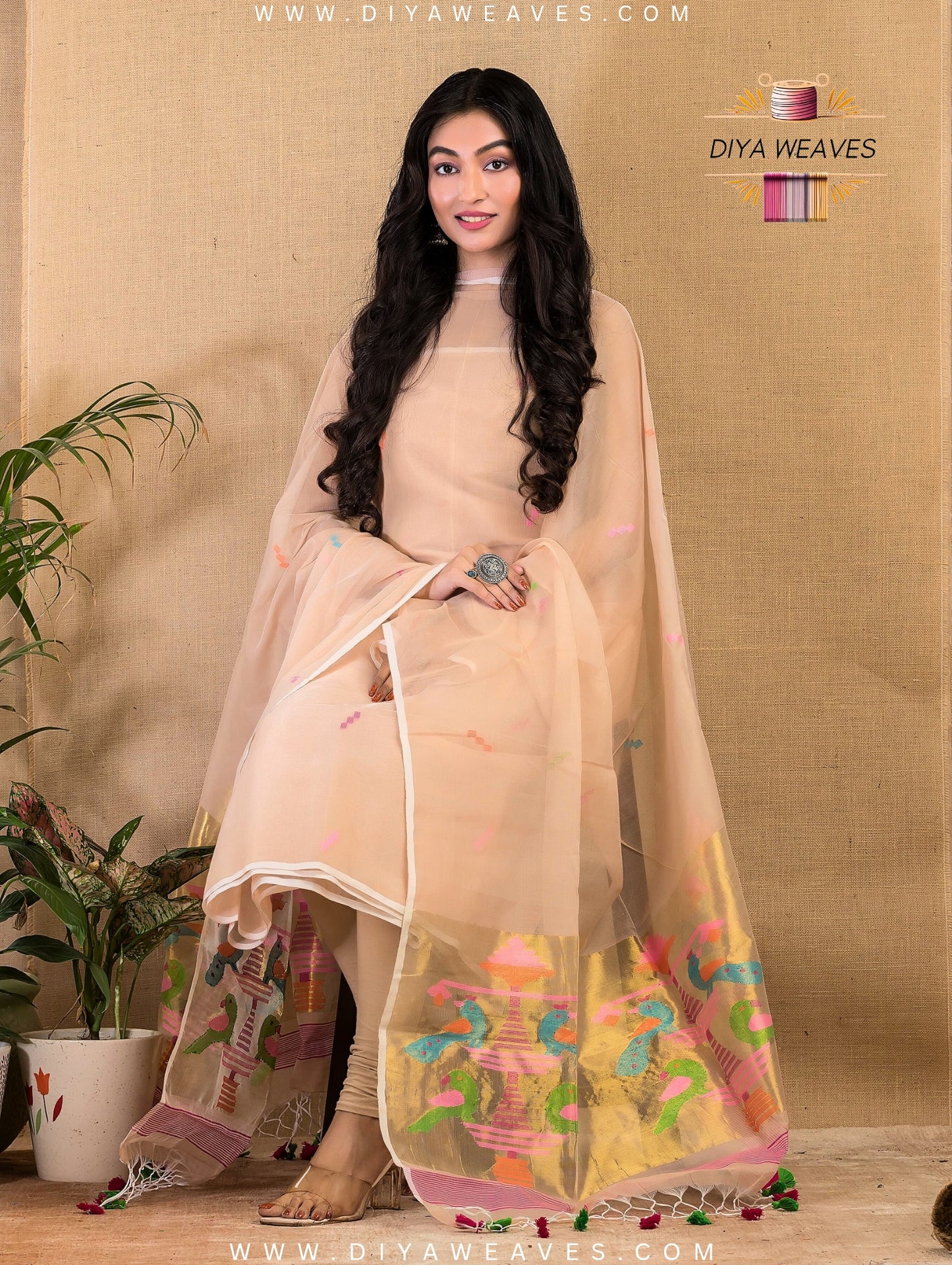 Paithani Jamdani Muslin Suit Set (UNSTITCHED ) - Elegant Crem