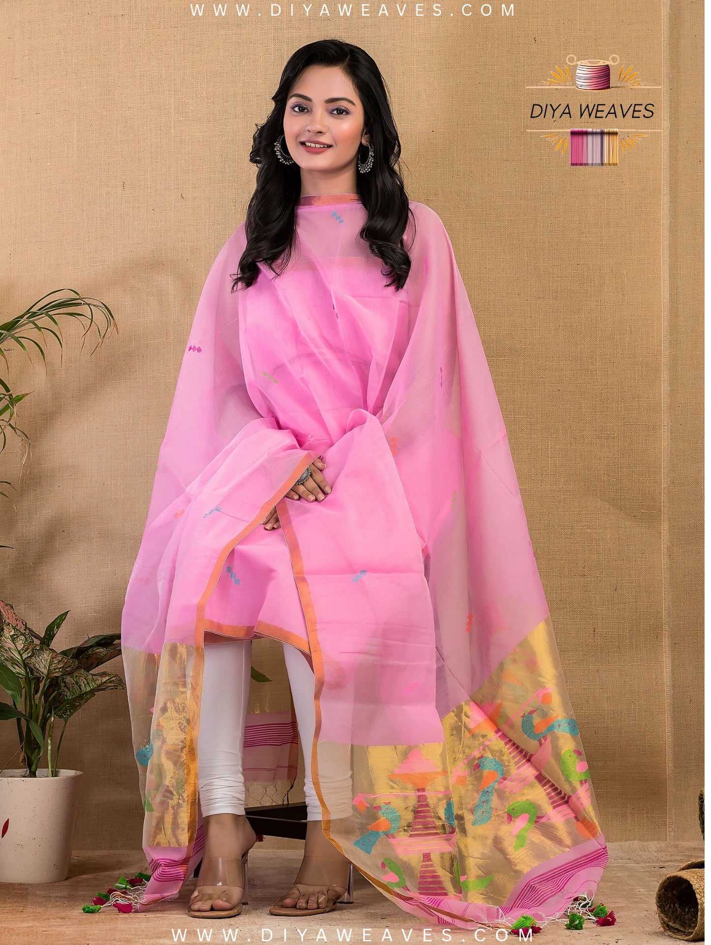 Paithani Jamdani Muslin Suit Set (UNSTITCHED ) - Baby Pink