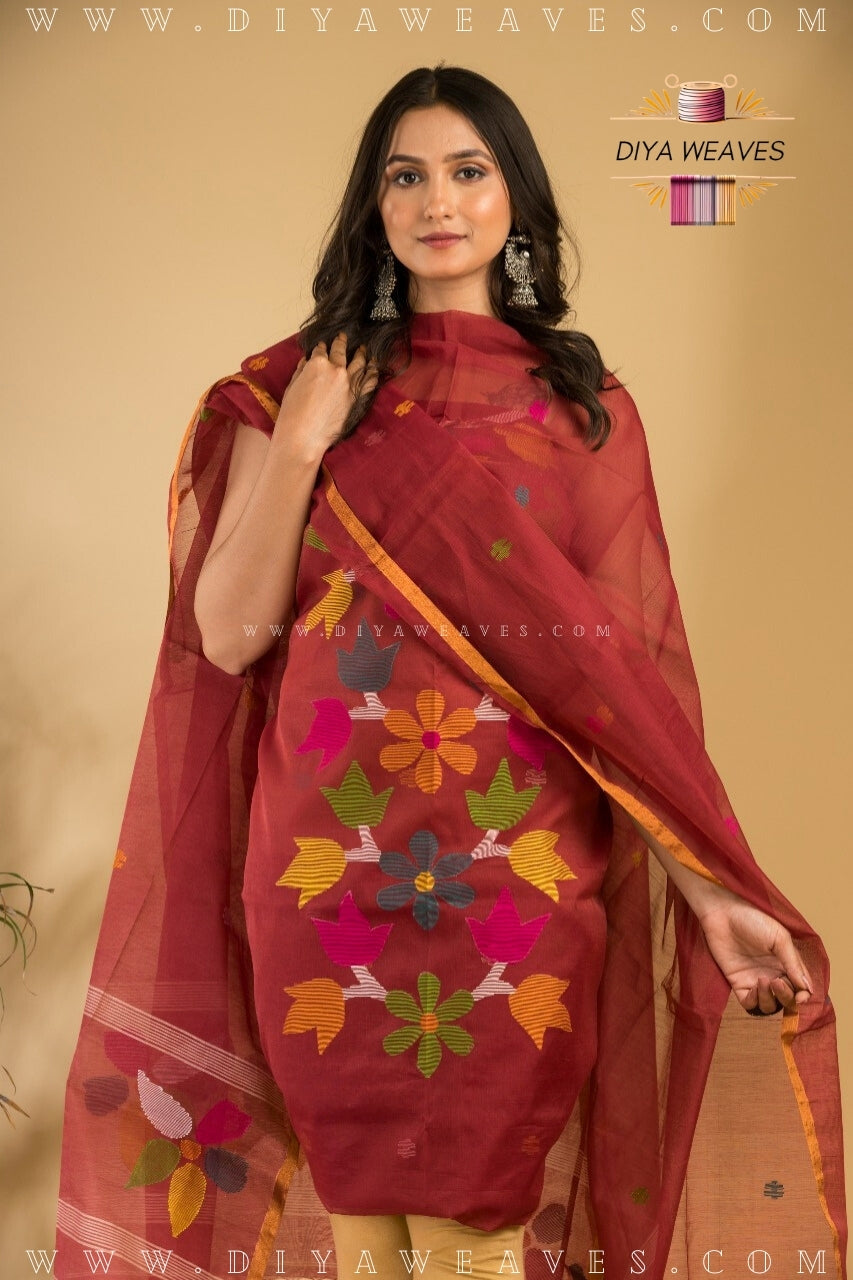 Handwoven Muslin Jamdani Suit Set Unstitched (2-Piece) - Grateful Marun