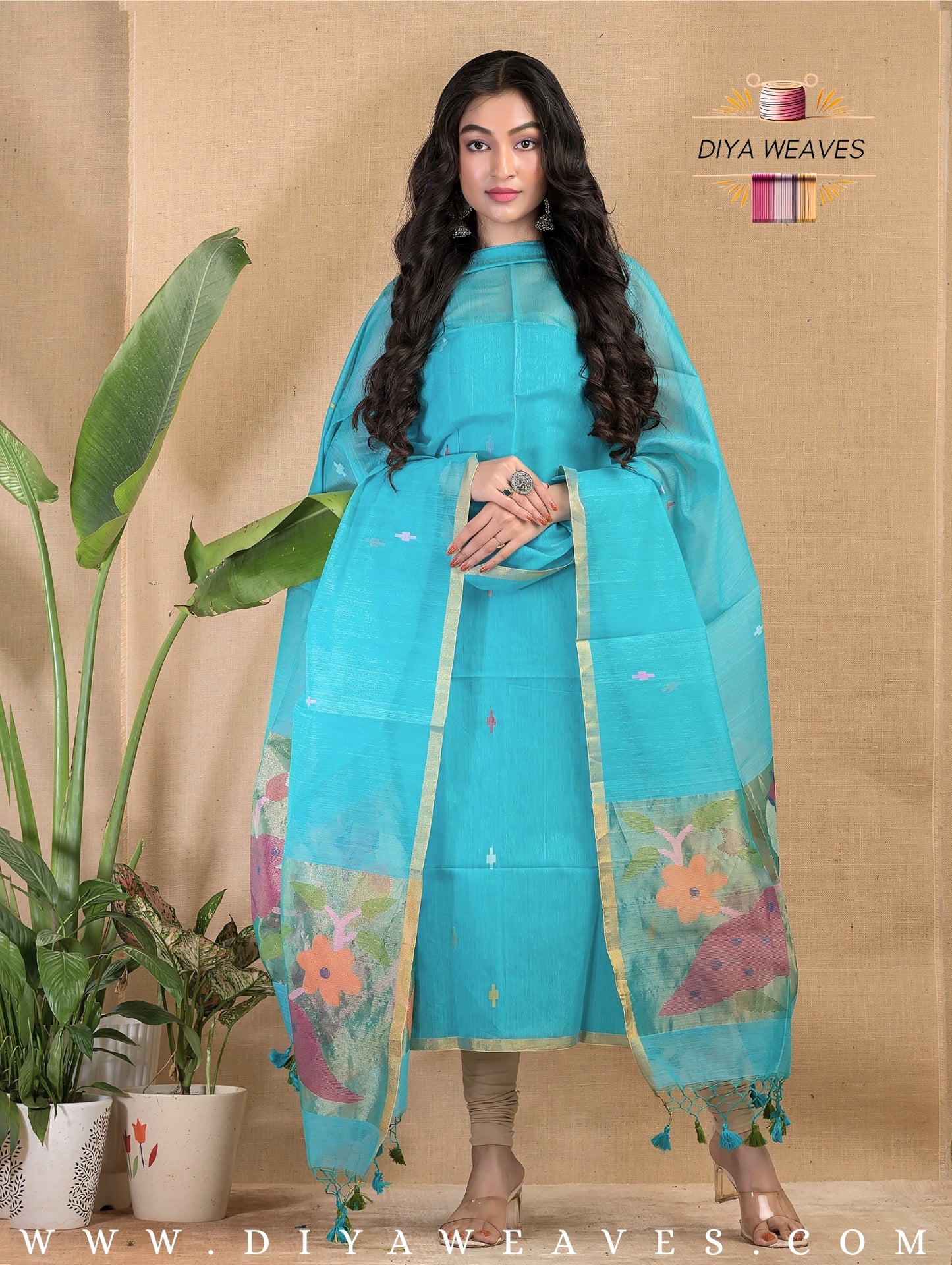 Paithani Jamdani Muslin Suit Set (UNSTITCHED ) - SKY BLUE