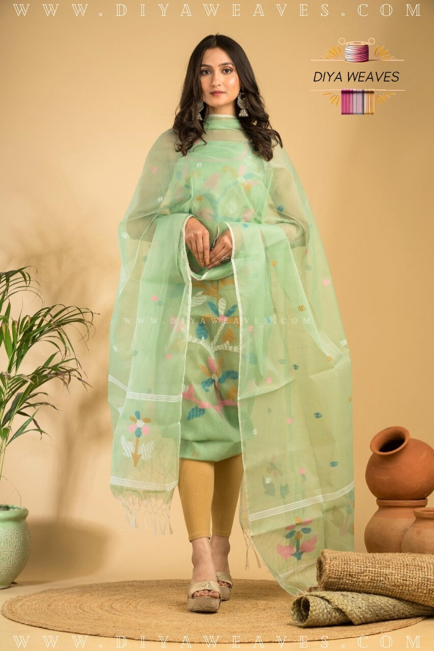 Handwoven Muslin Jamdani Suit Set Unstitched (2-Piece) - Mint Green