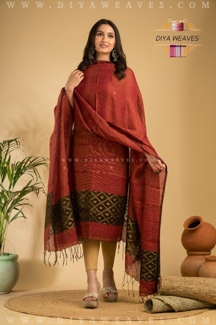 Tissue Lilen Jamdani 2-Pc Suit Set ( UNSTITCHED )- Elegant Red/Black