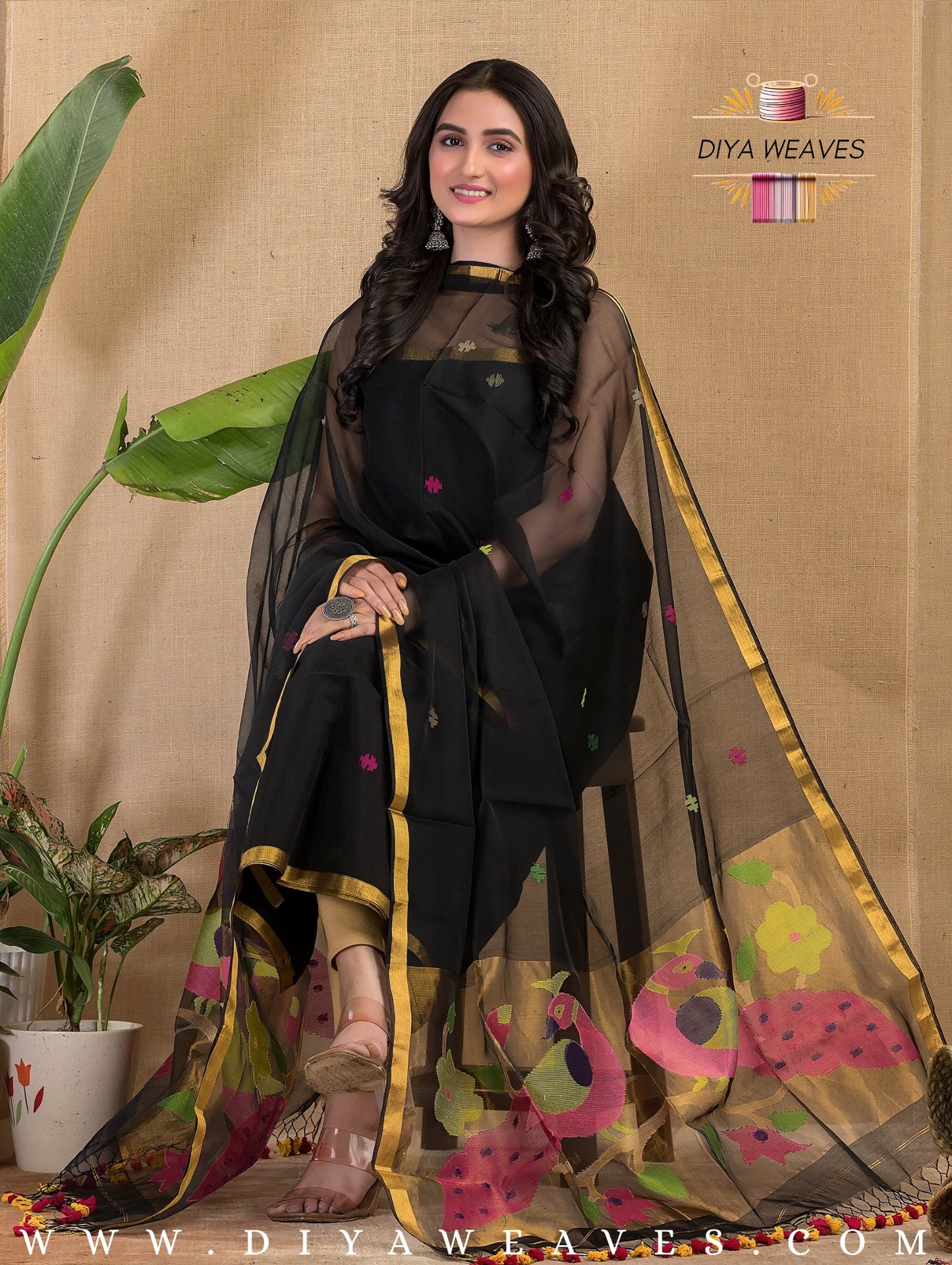 Paithani Jamdani Muslin Suit Set (UNSTITCHED ) - Black