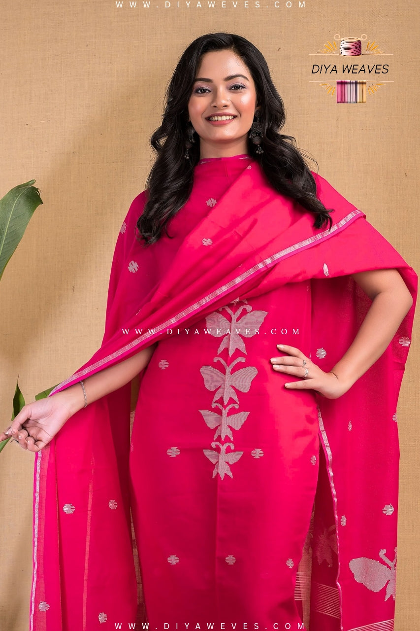 Handwoven Cotton Jamdani 2-Pc Suit Set ( UNSTITCHED )- Red Rani