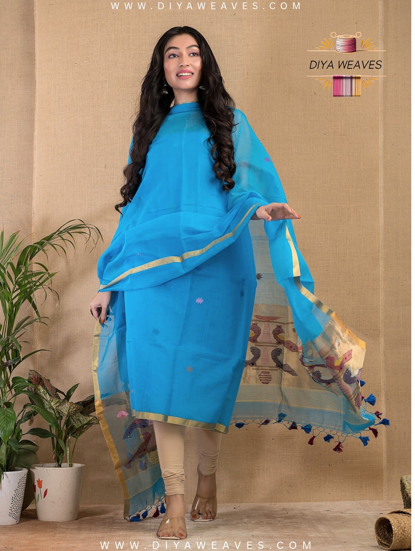 Paithani Jamdani Muslin Suit Set (UNSTITCHED ) - Sky Blue