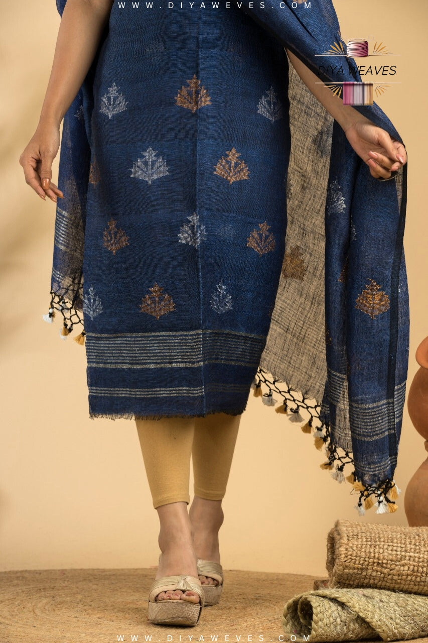 Hand Woven Linen Jamdani Suit 2-PC Set ( UNSTITCHED ) - Clasic Navy Blue