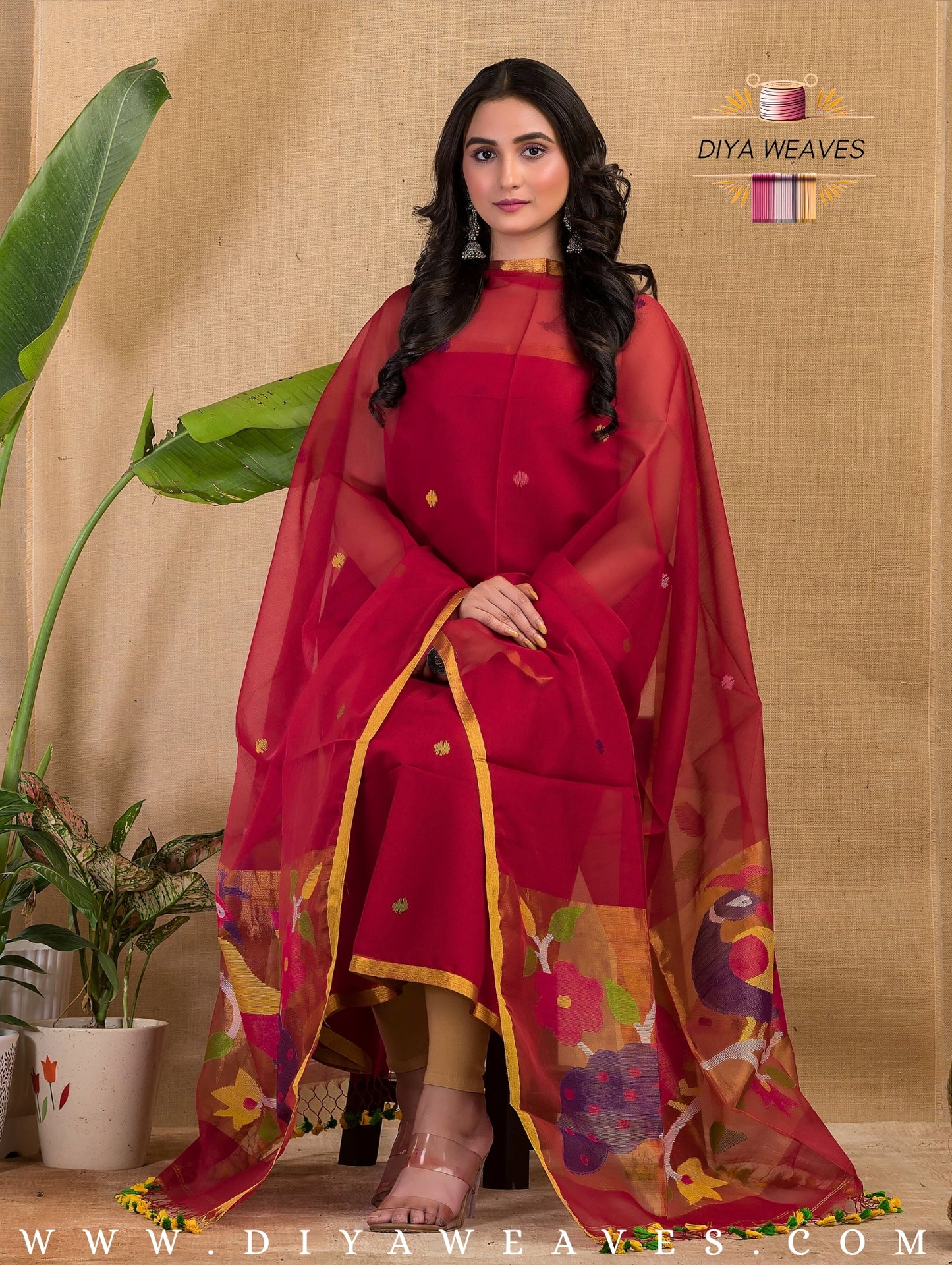 Paithani Jamdani Muslin Suit Set (UNSTITCHED ) - Crimson Red