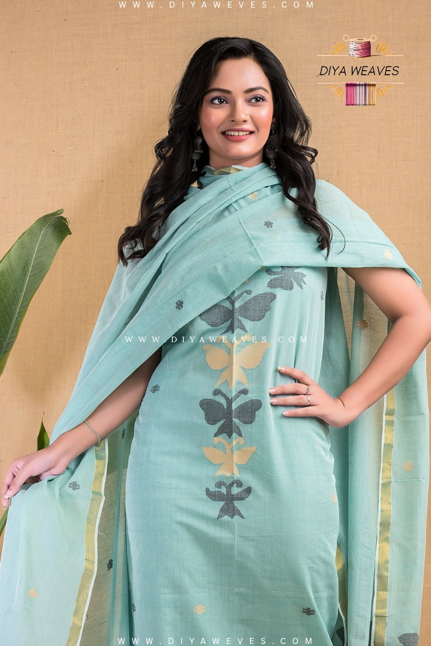 Handwoven Cotton Jamdani 2-Pc Suit Set ( UNSTITCHED )- Soothing Green