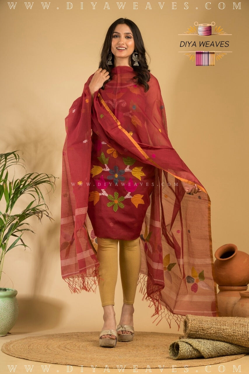 Handwoven Muslin Jamdani Suit Set Unstitched (2-Piece) - Grateful Marun