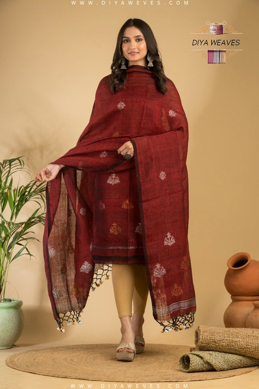 Hand Woven Linen Jamdani Suit 2-PC Set ( UNSTITCHED ) - Elegant Red