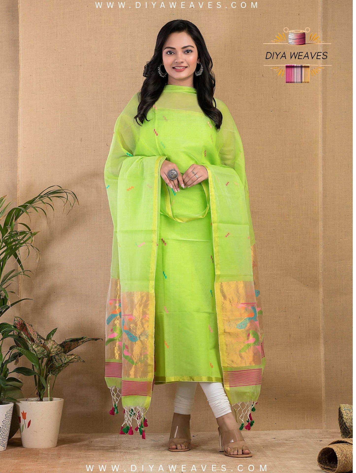 Paithani Jamdani Muslin Suit Set (UNSTITCHED ) - Parot Green
