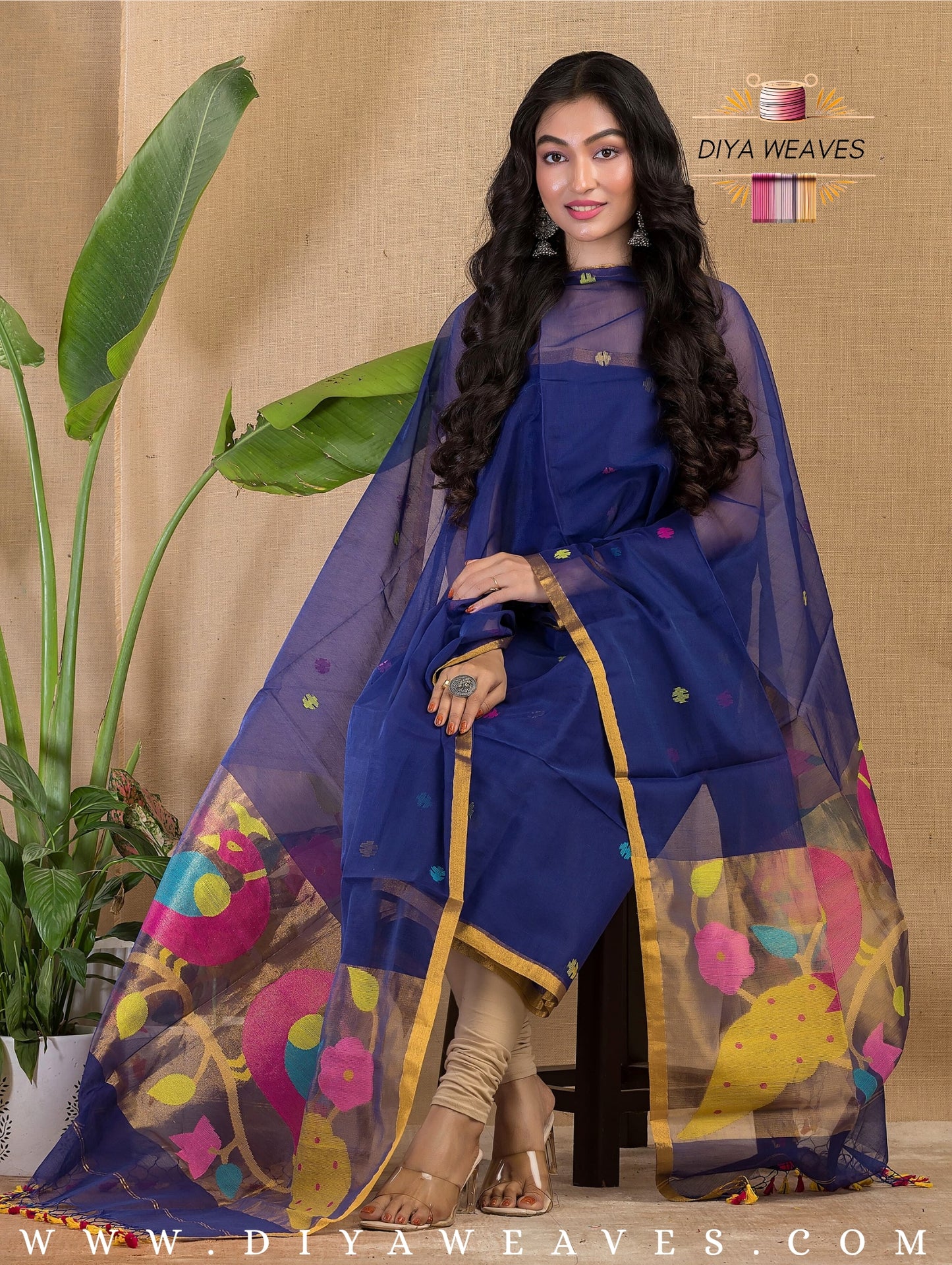 Paithani Jamdani Muslin Suit Set (UNSTITCHED ) - Royal Blue