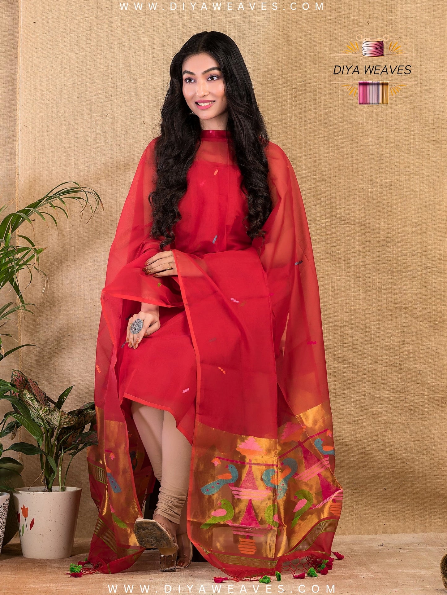 Paithani Jamdani Muslin Suit Set (UNSTITCHED ) - Stylish Red