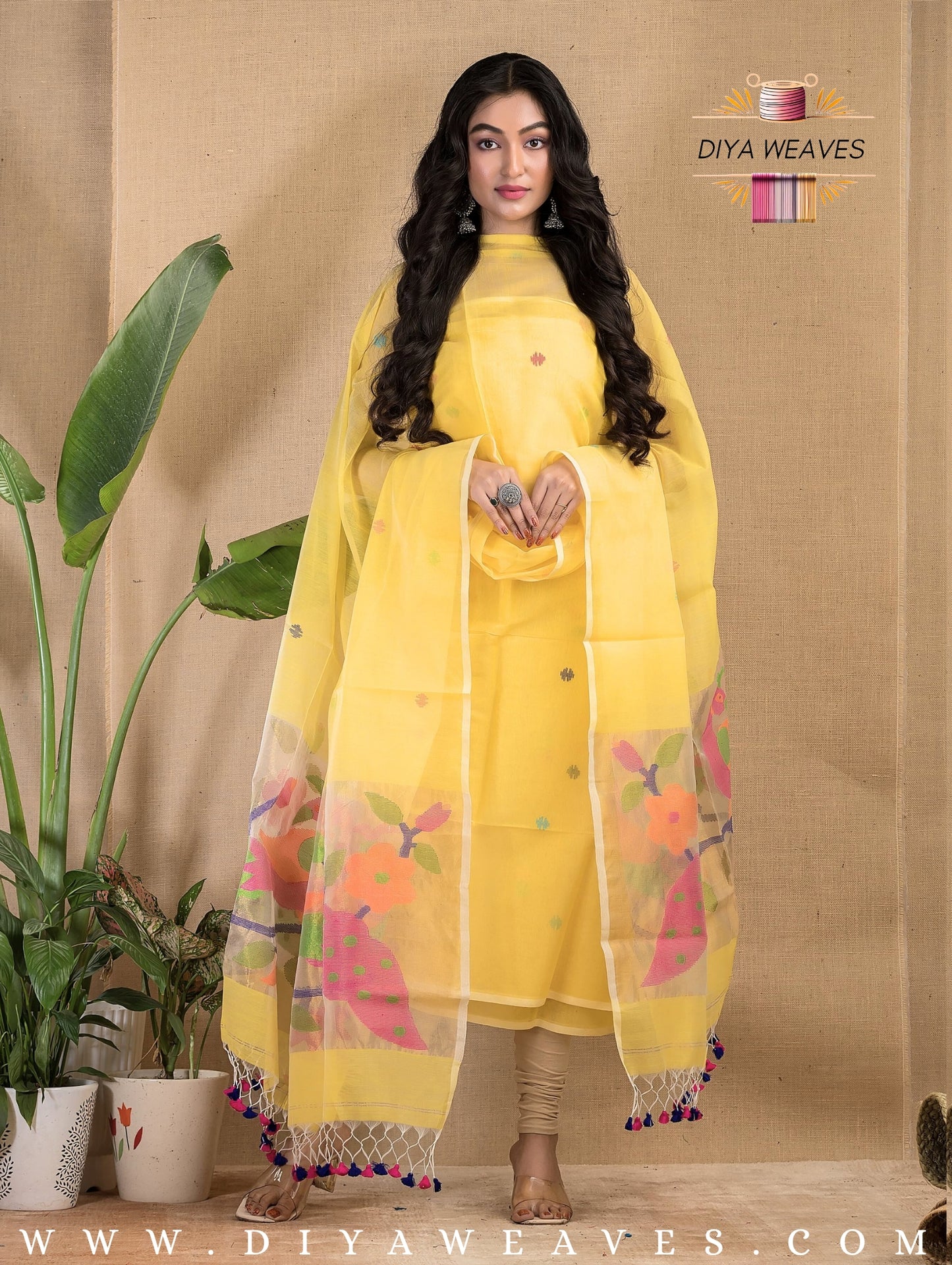 Paithani Jamdani Muslin Suit Set (UNSTITCHED ) - Haldiya