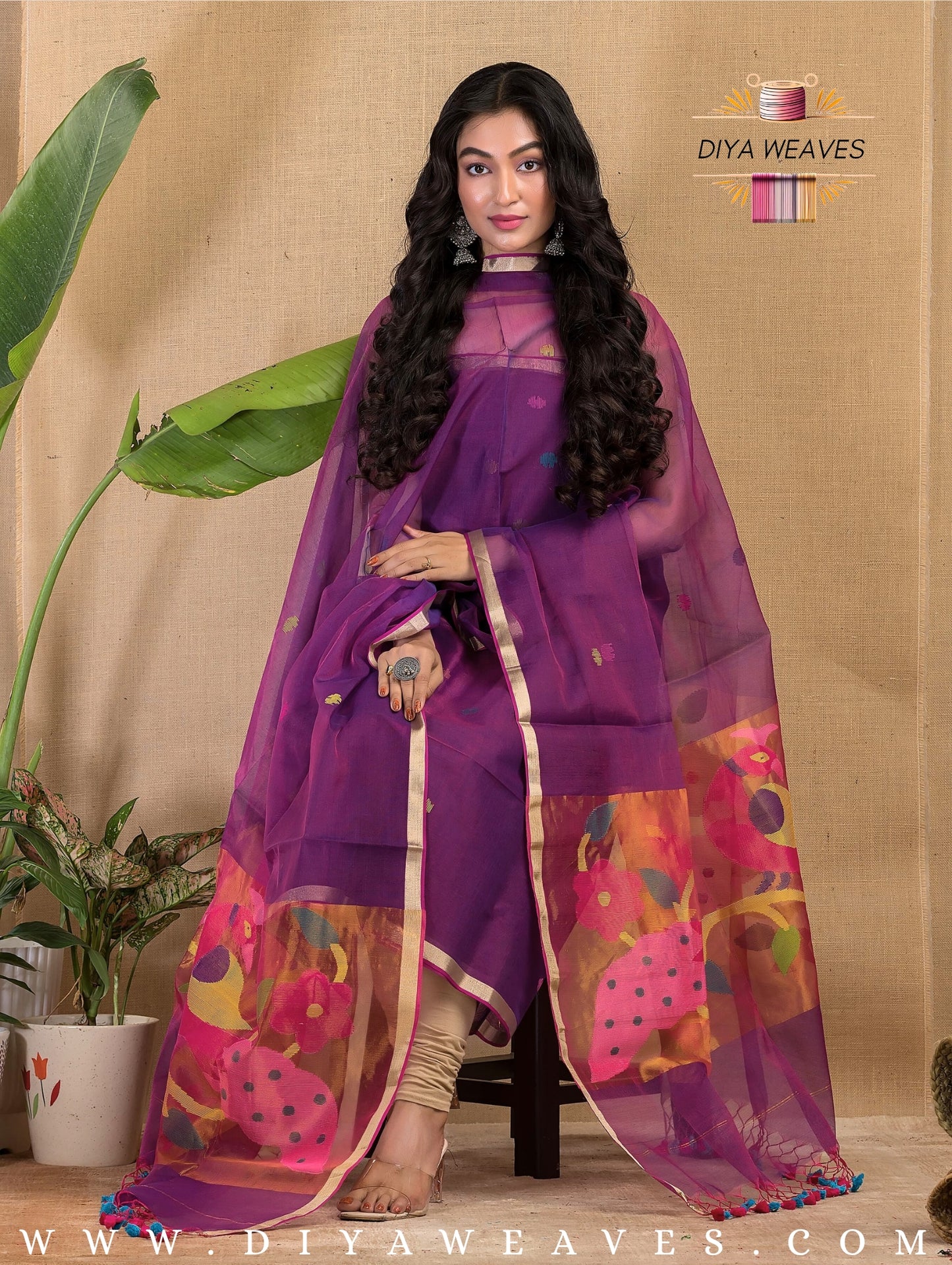 Paithani Jamdani Muslin Suit Set (UNSTITCHED ) - Purple