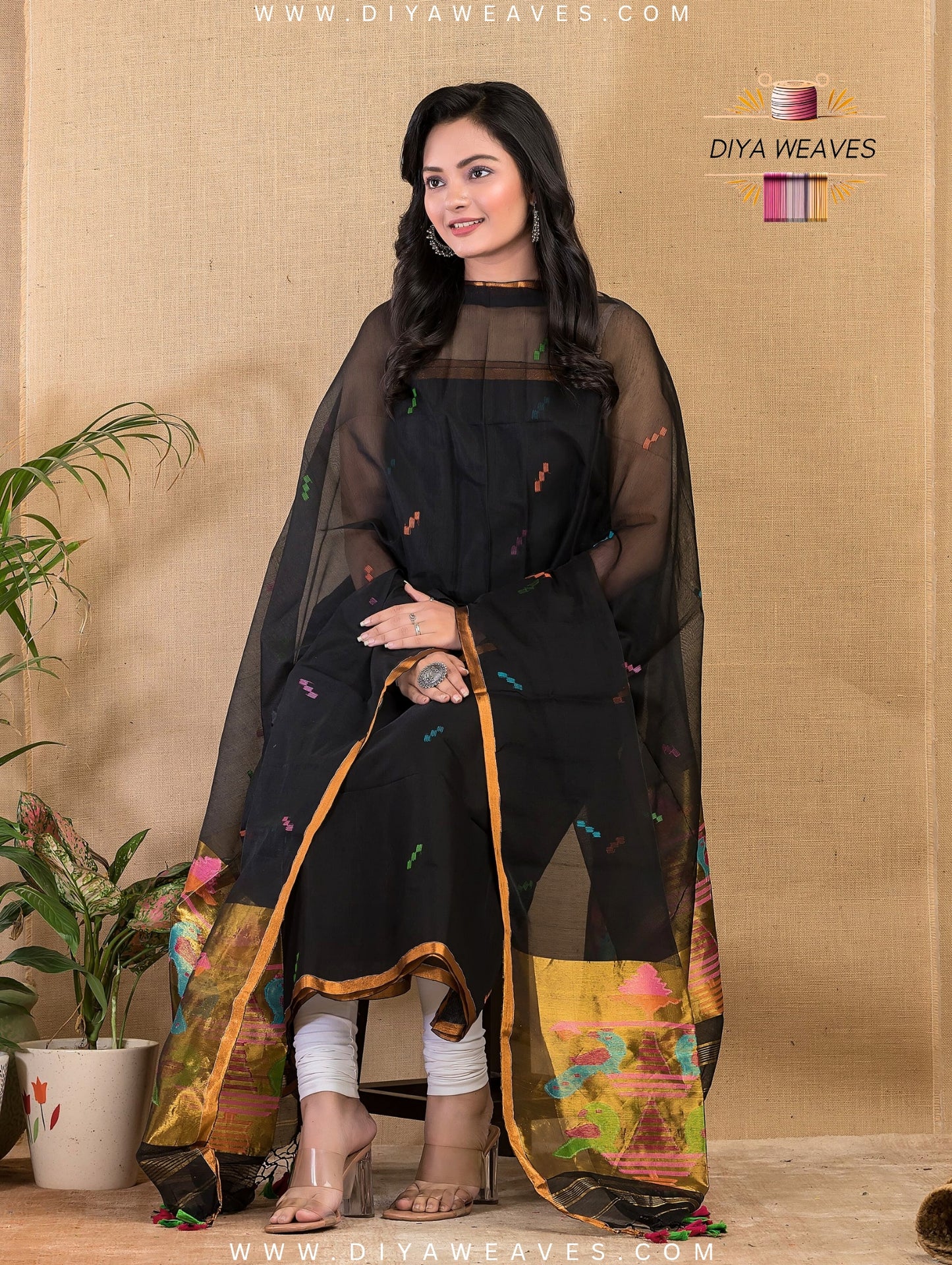 Paithani Jamdani Muslin Suit Set (UNSTITCHED ) - Black