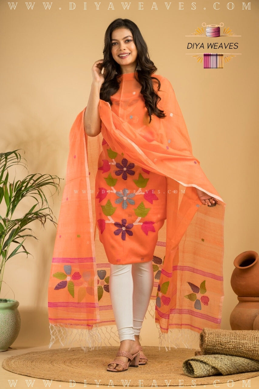 Handwoven Muslin Jamdani Suit Set Unstitched (2-Piece) - Cool Orange