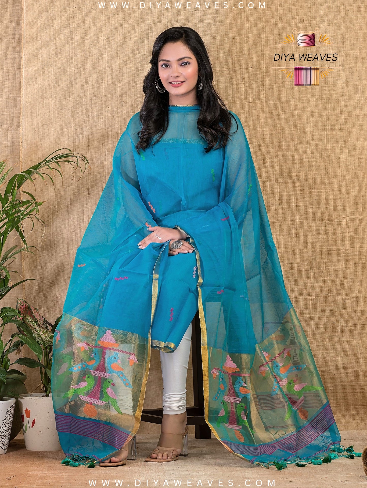 Paithani Jamdani Muslin Suit Set (UNSTITCHED ) - Light Blue