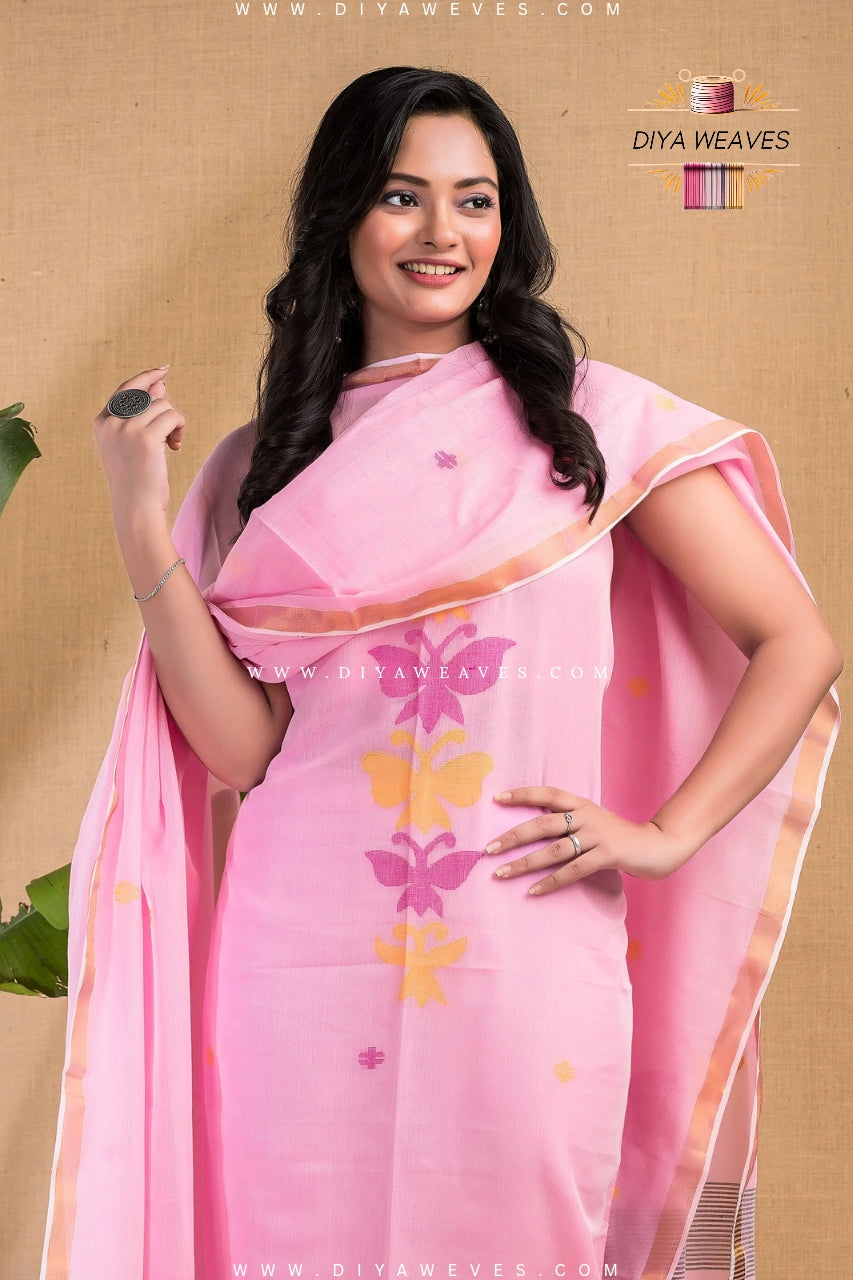 Handwoven Cotton Jamdani 2-Pc Suit Set ( UNSTITCHED )- Elegant Baby Pink