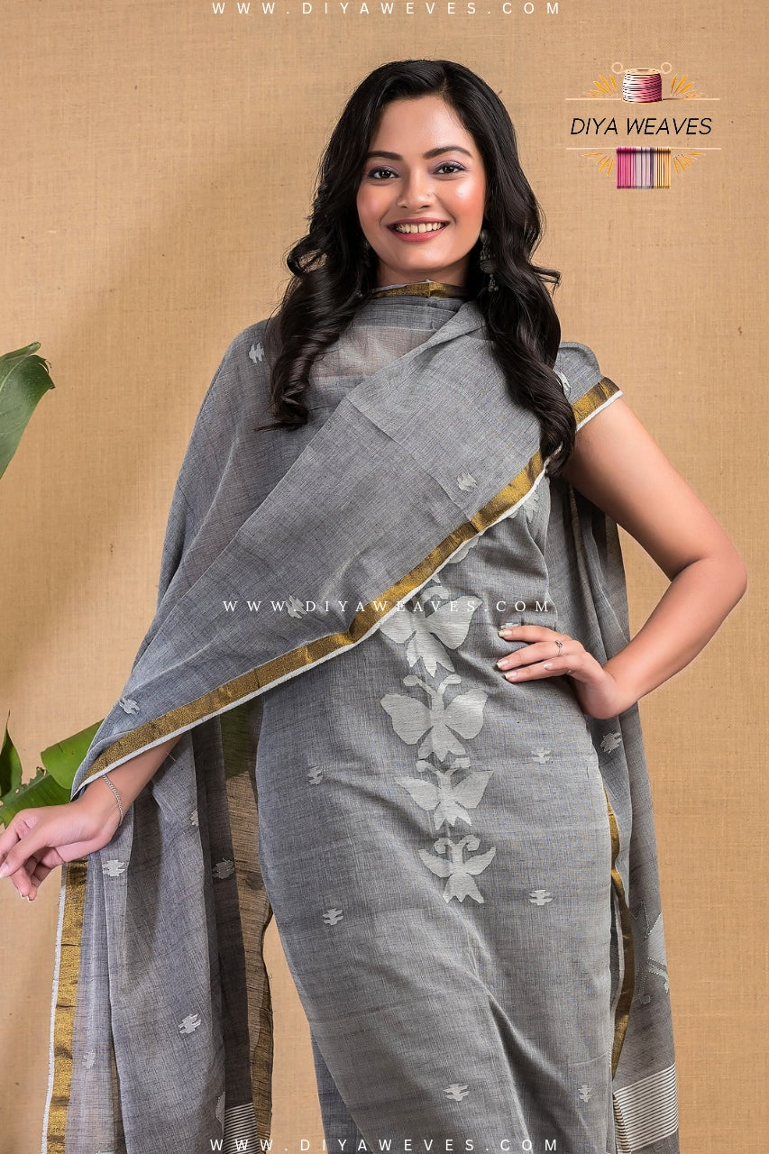 Handwoven Cotton Jamdani 2-Pc Suit Set ( UNSTITCHED )- Stylish Still Gray